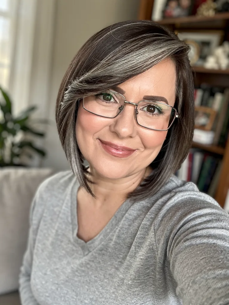 Chin-Length Bob with Ash Brown and Silver Highlights