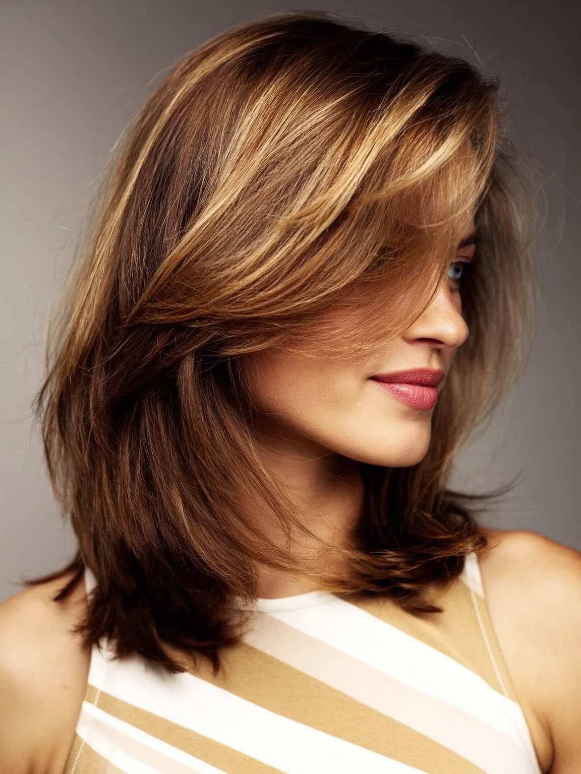 Voluminous Sandy Blonde Wavy Layers with Side Bangs