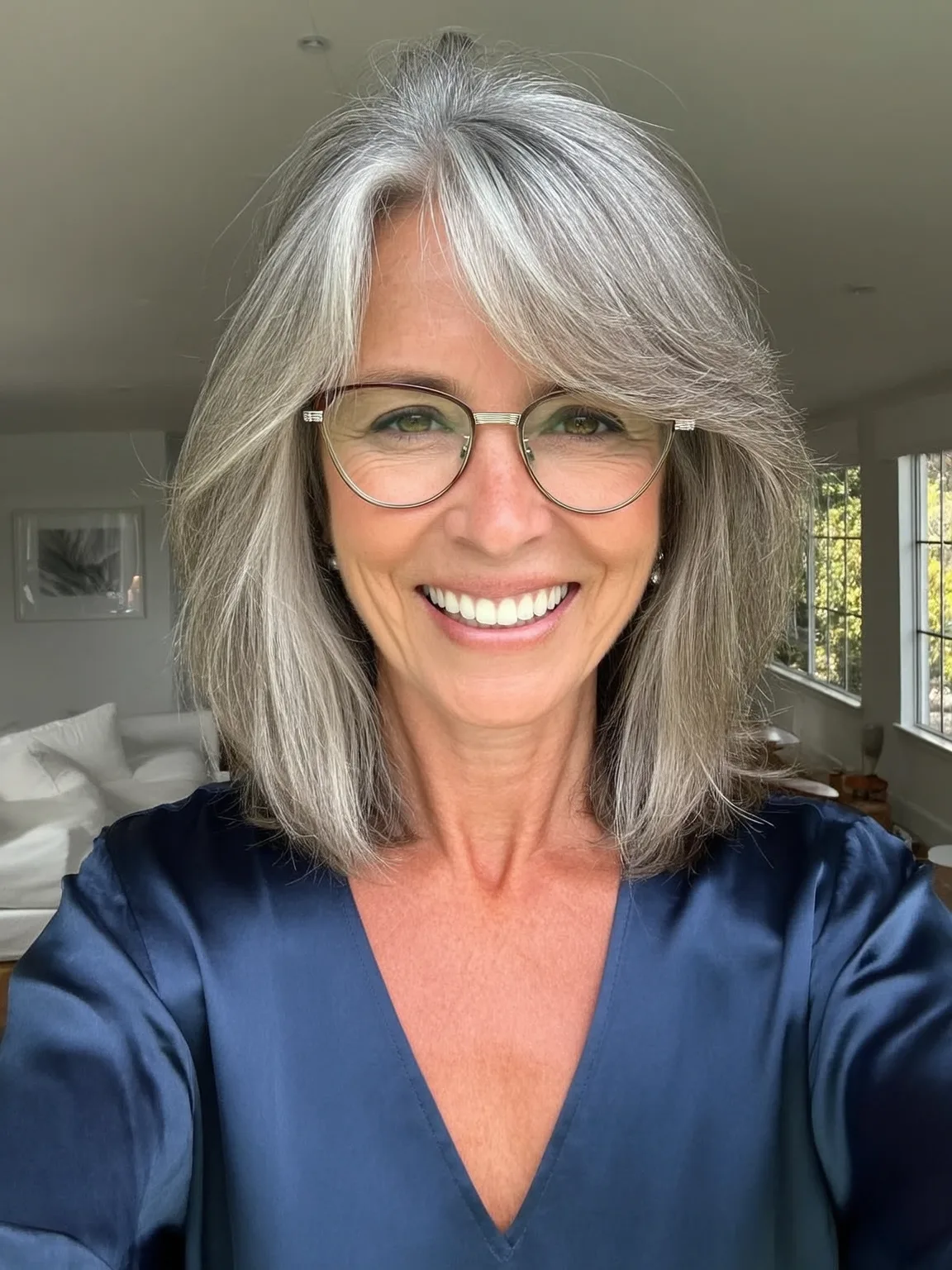Sleek Silver Frost Layers with Side-Swept Bangs for Square Faces