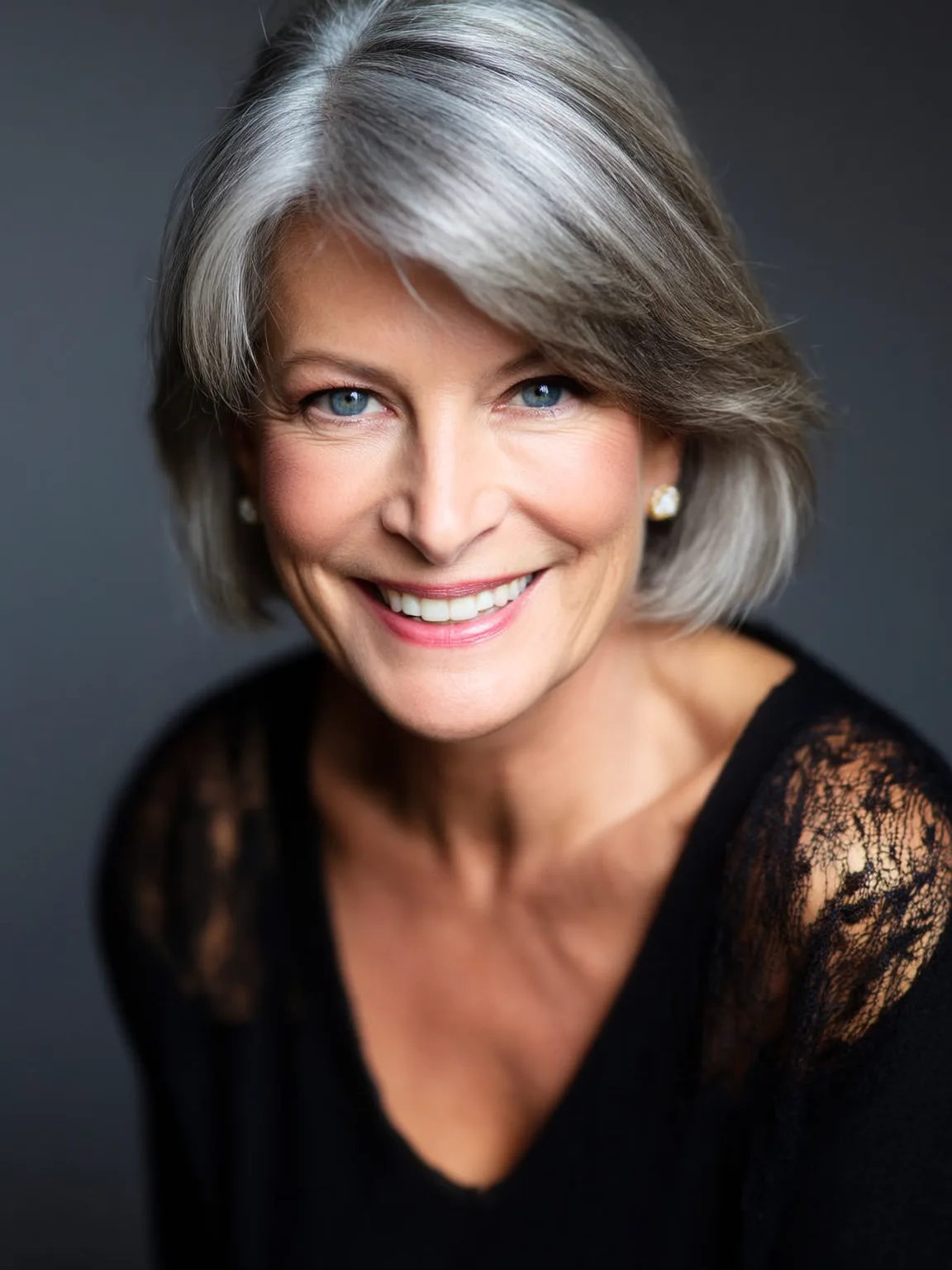 Polished Silver Frost Straight Bob with Side-Swept Fringe