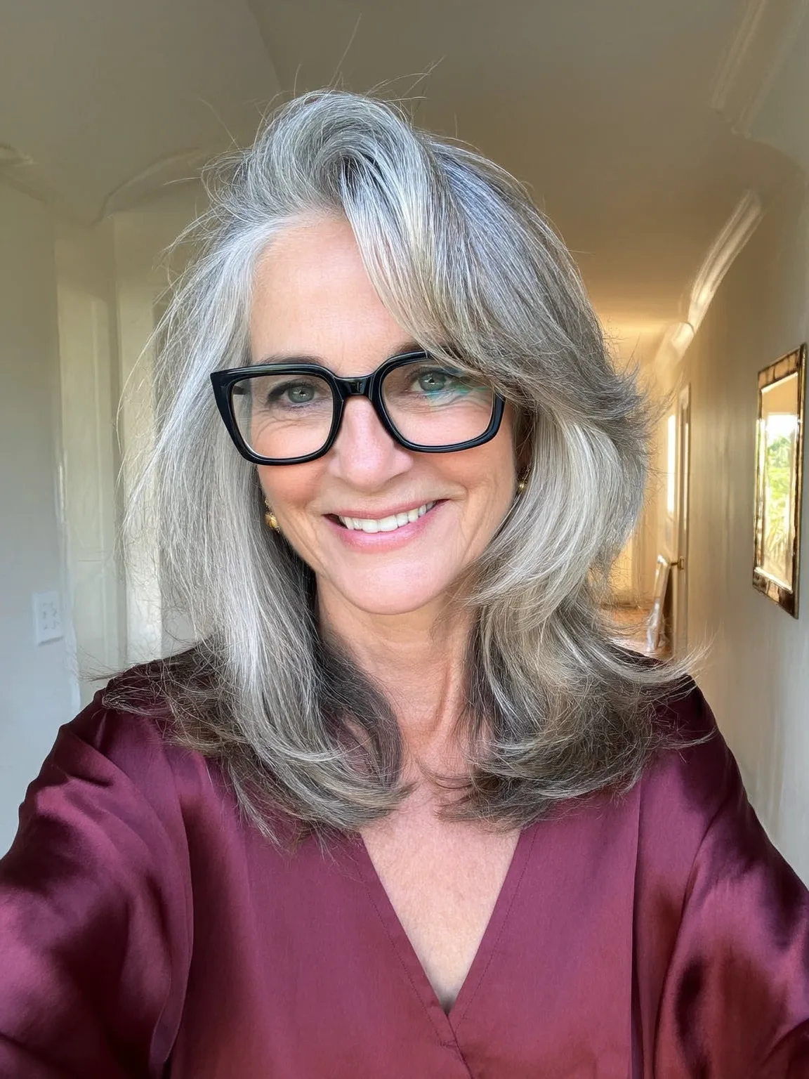 Medium Wavy Silver Frost Layers with Side-Swept Bangs