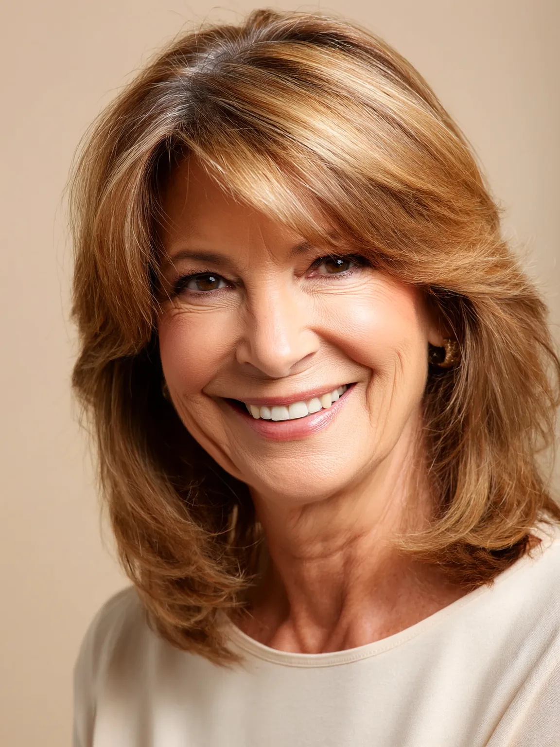 Shoulder-Length Wavy Warm Caramel Brown Layered Cut