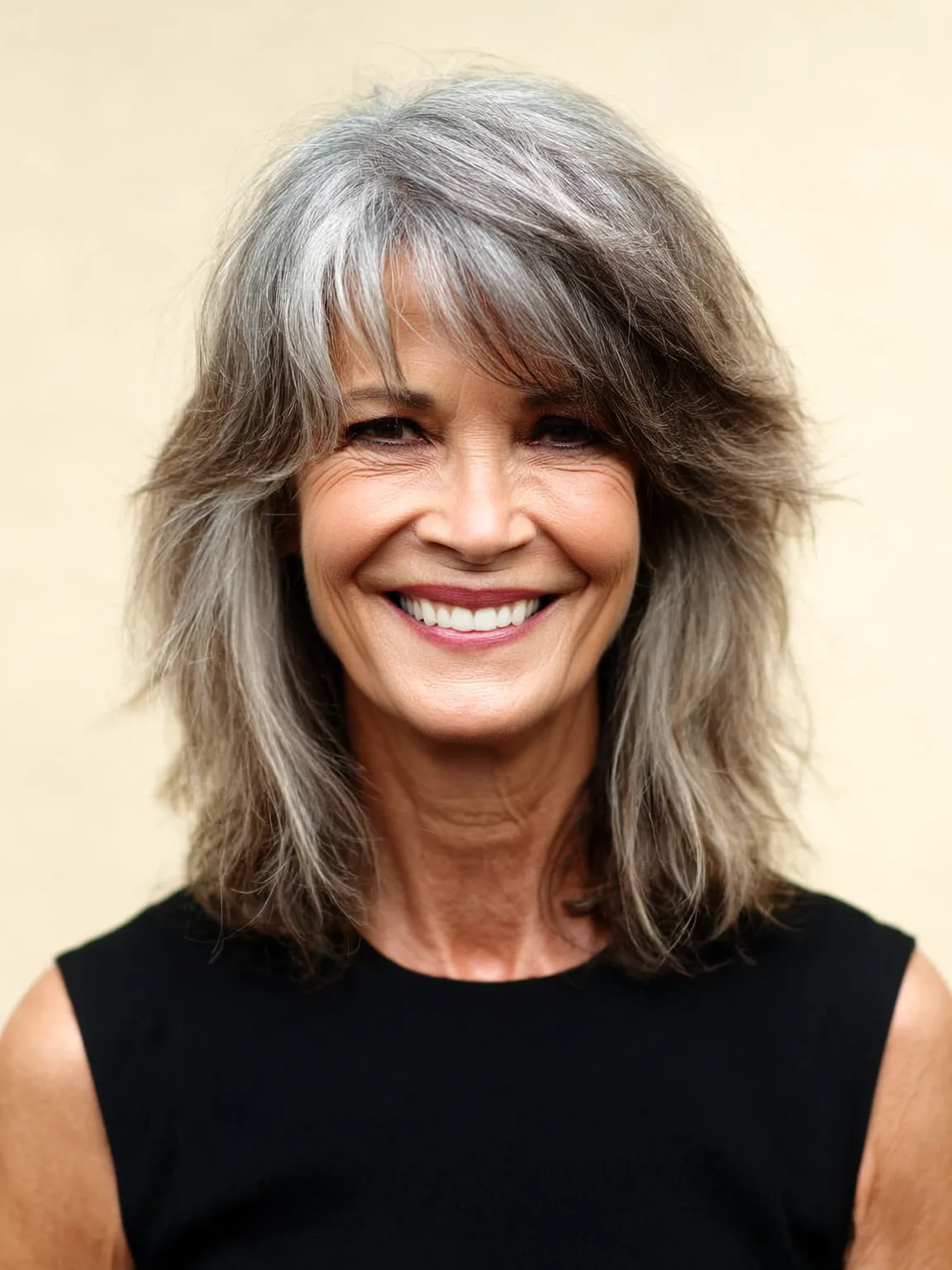 Silver Frost Medium-Length Shag with Soft Side-Swept Bangs