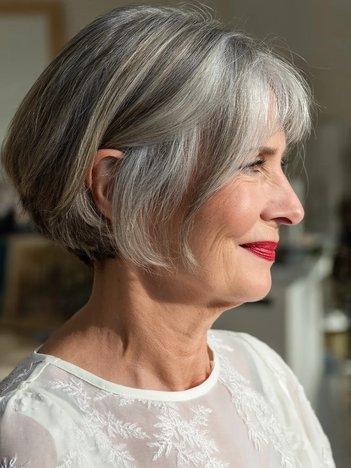Chin-Length Bob with Silver Frost and Side-Swept Bangs