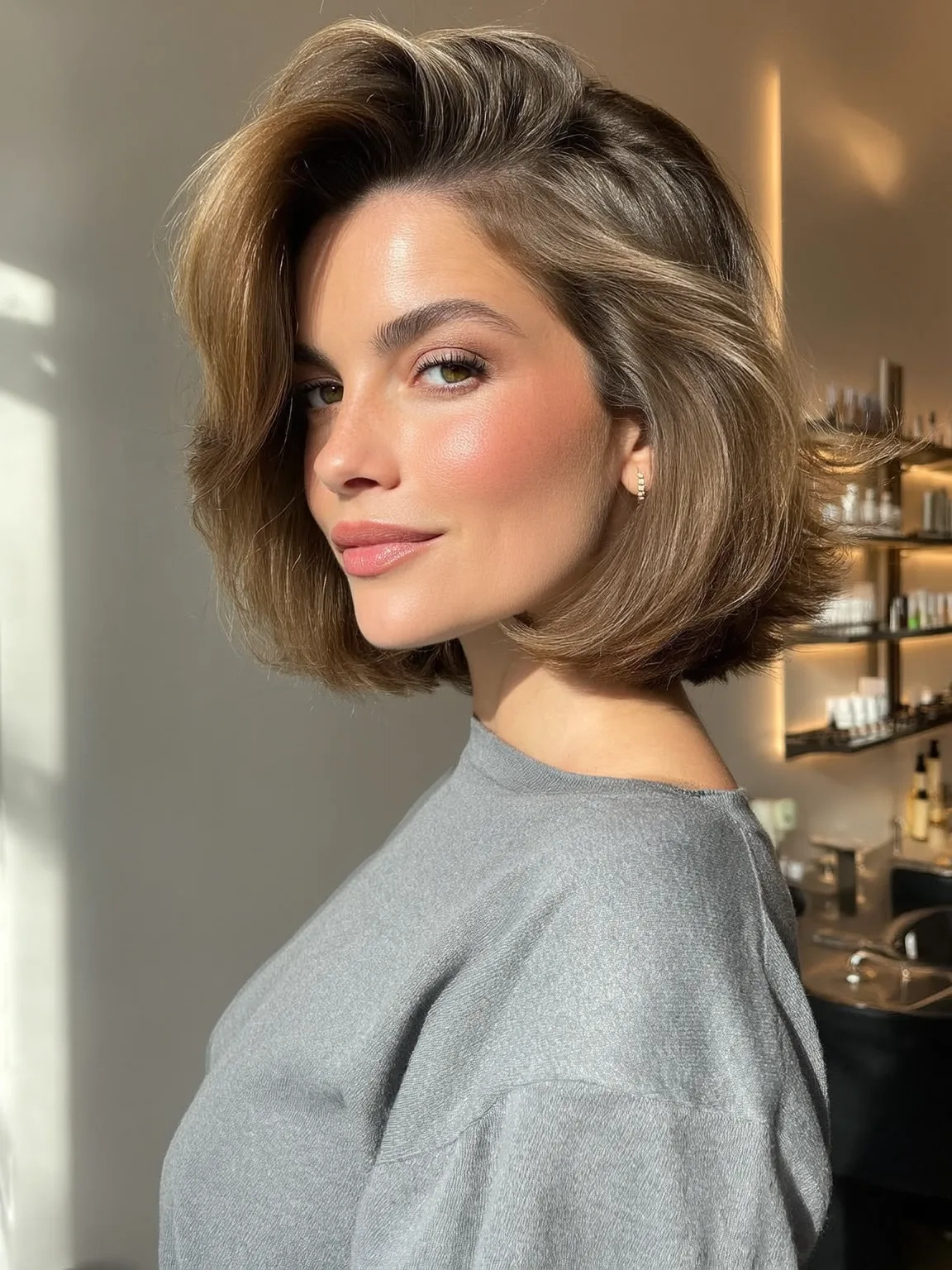 Silky Ash Brown Wavy Bob with Side-Swept Bangs
