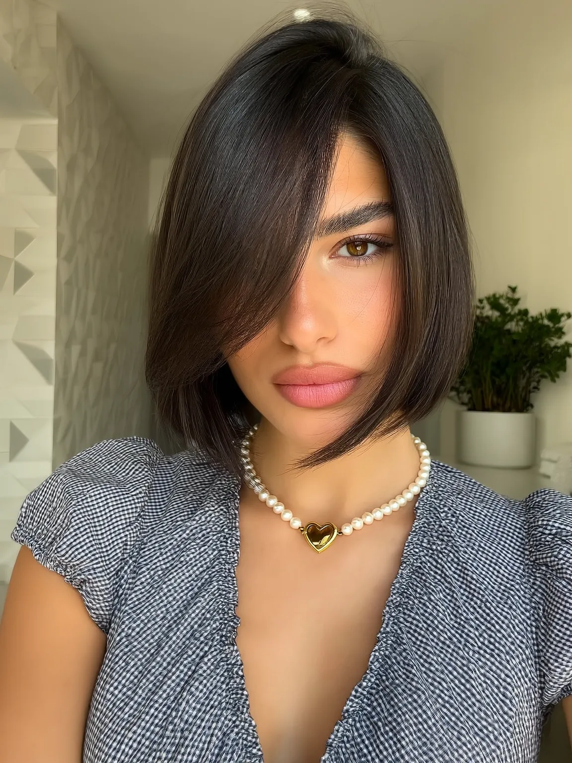 Voluminous Chocolate Brown Bob with Side-Swept Bangs