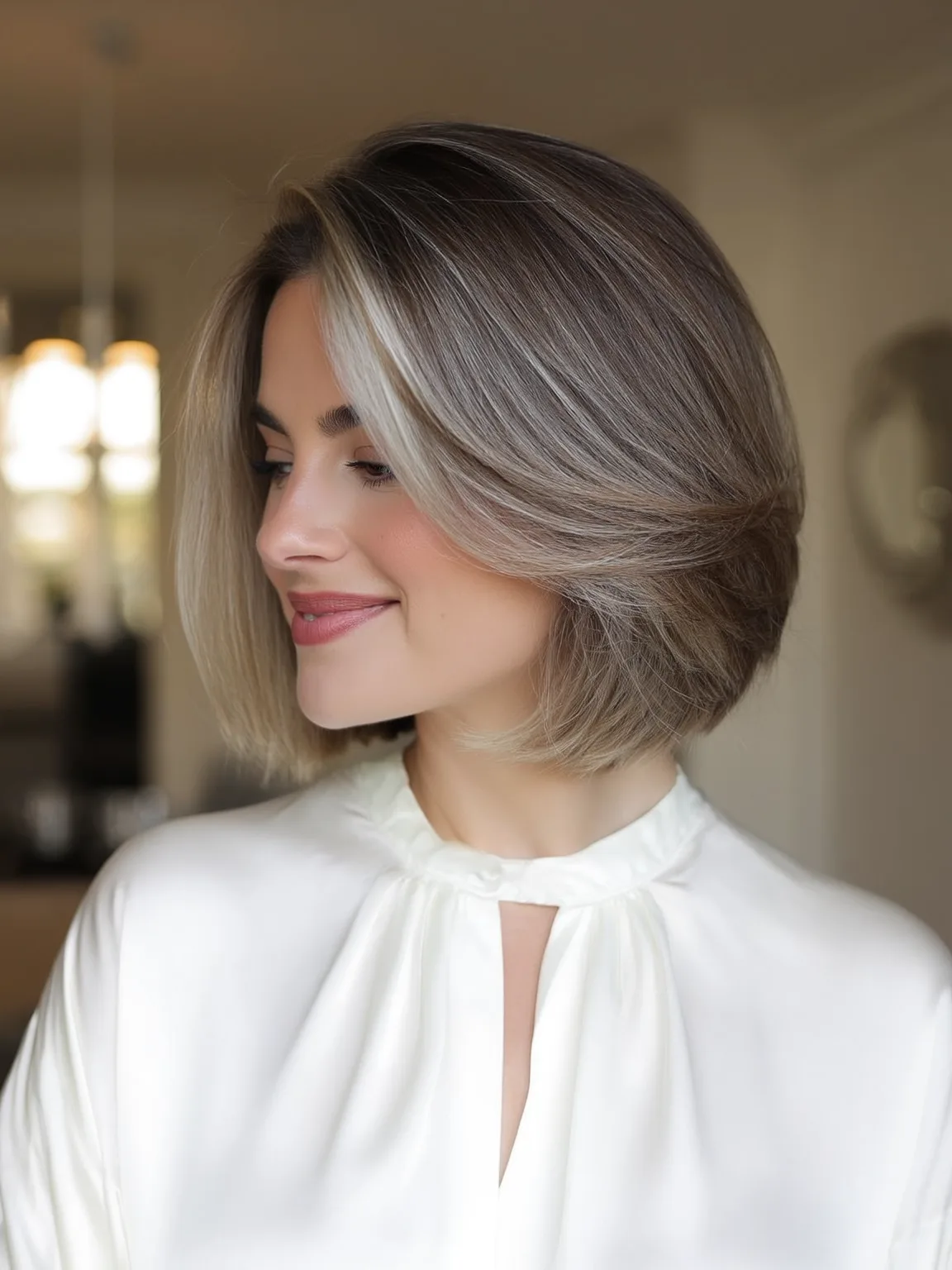 Voluminous Silver Frost Balayage Bob with Side-Swept Bangs