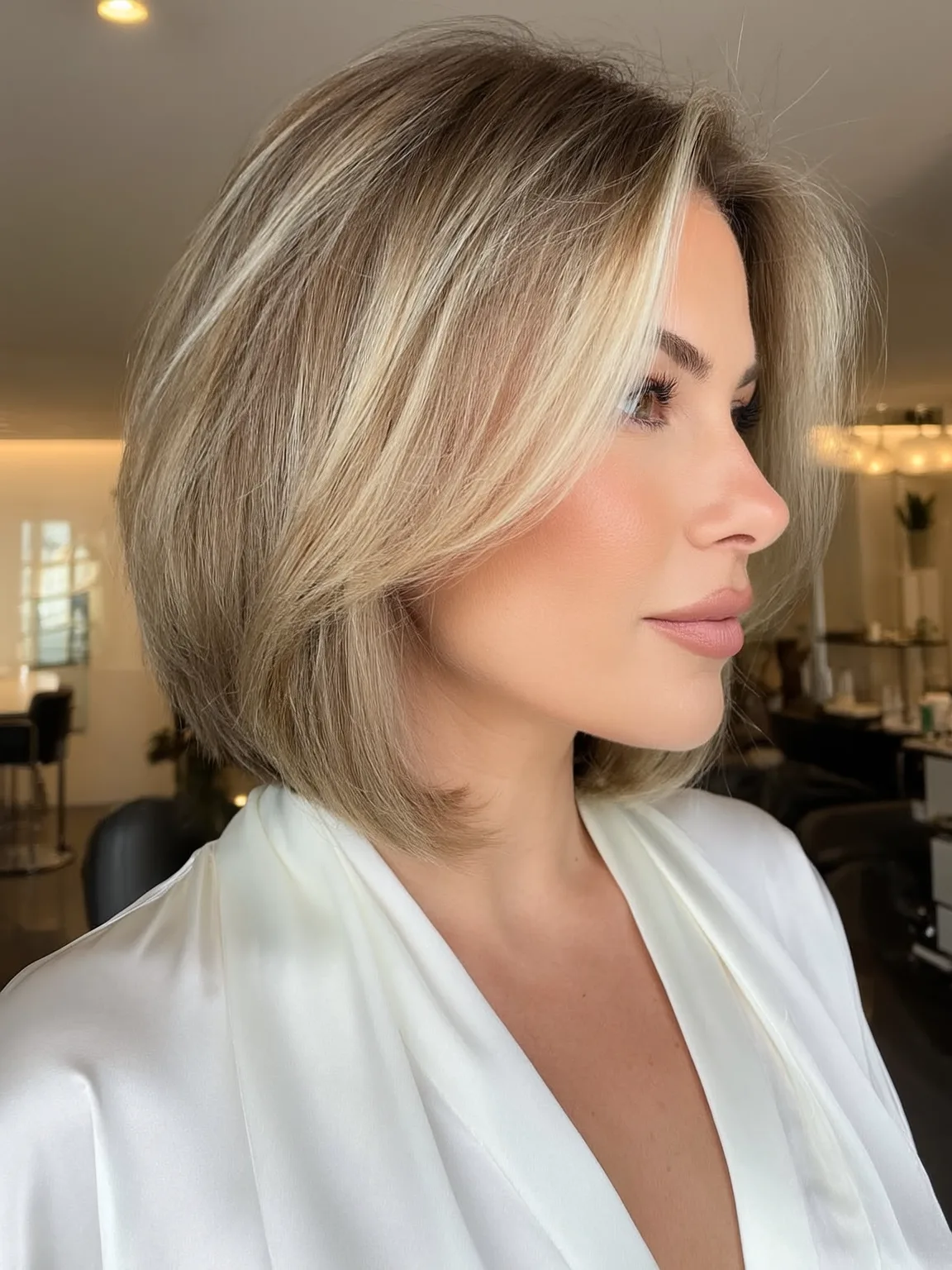 Sandy Blonde Bob with Subtle Highlights and Smooth Texture