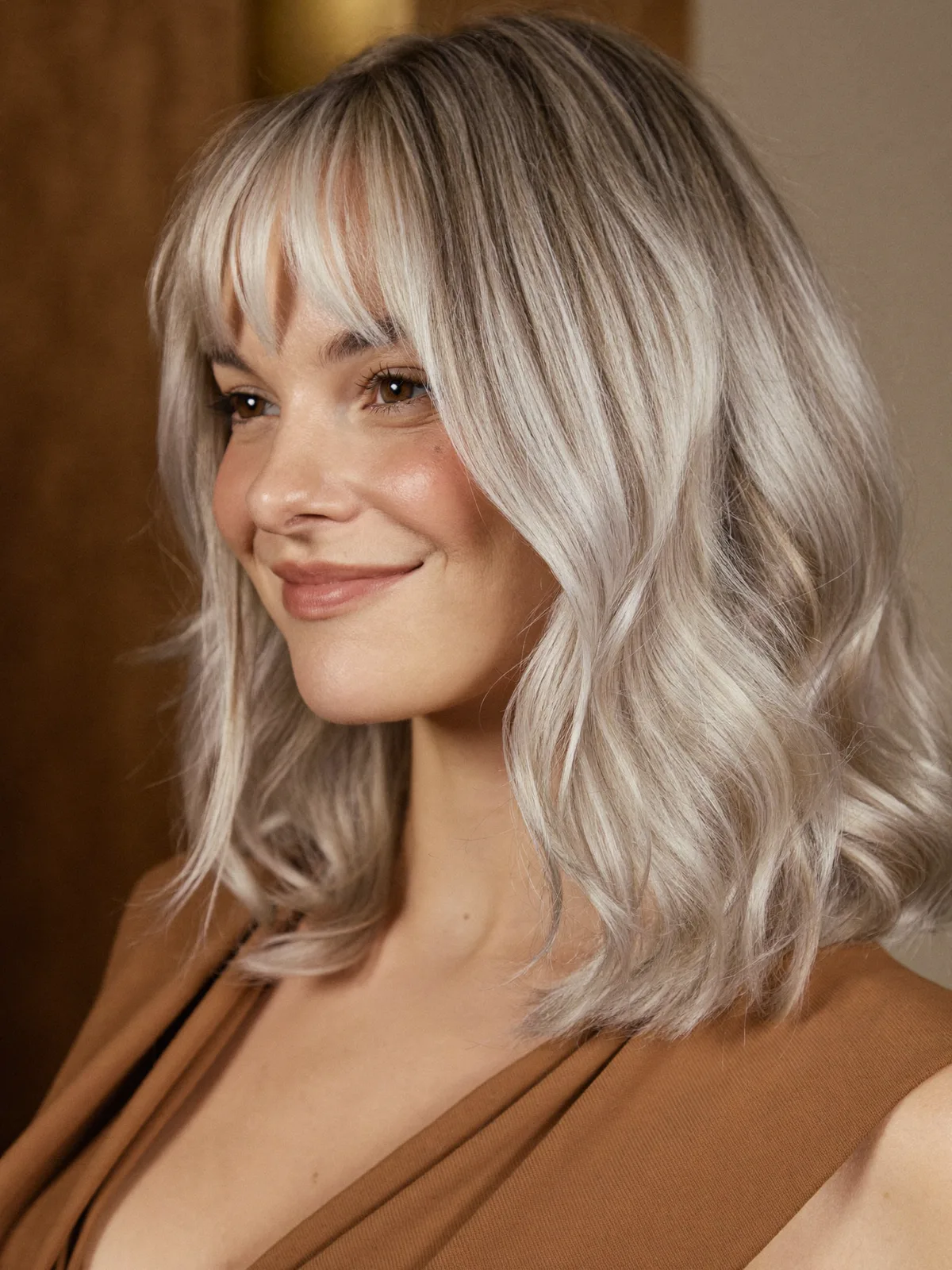 Modern Silver Balayage Waves with Soft Curtain Bangs for Effortless Style