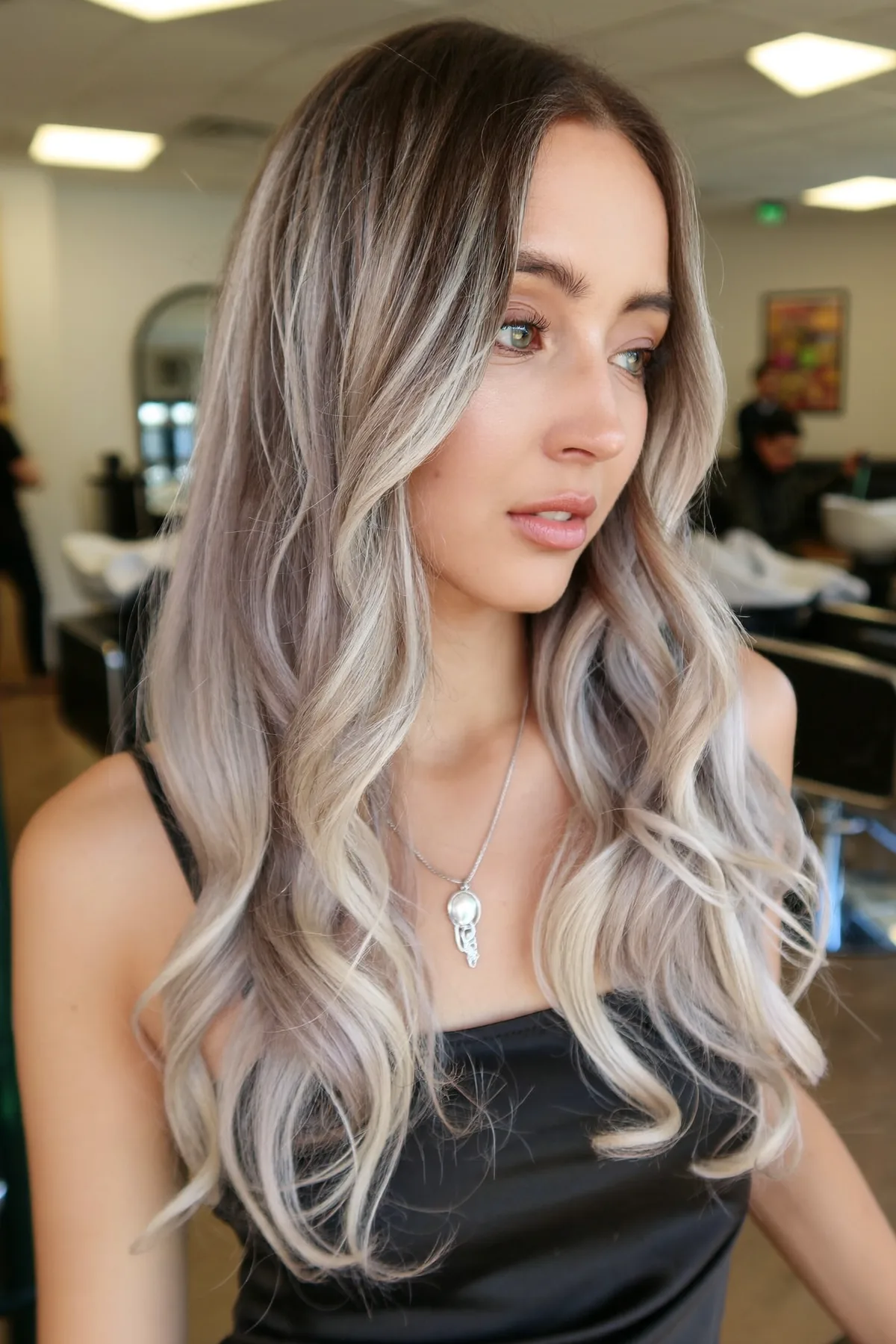 Chic Silver Balayage with Flowing Long Layers for Modern Elegance