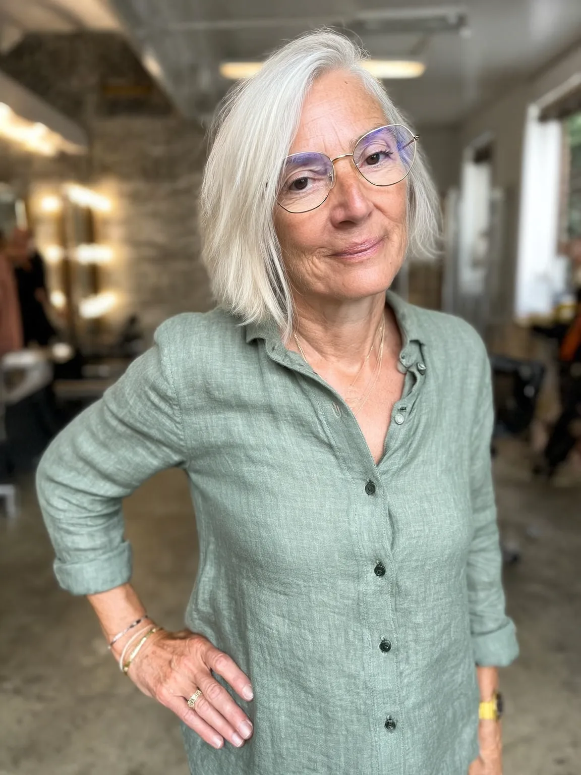 Chin-Length Silver Frost Bob with Side-Swept Bangs