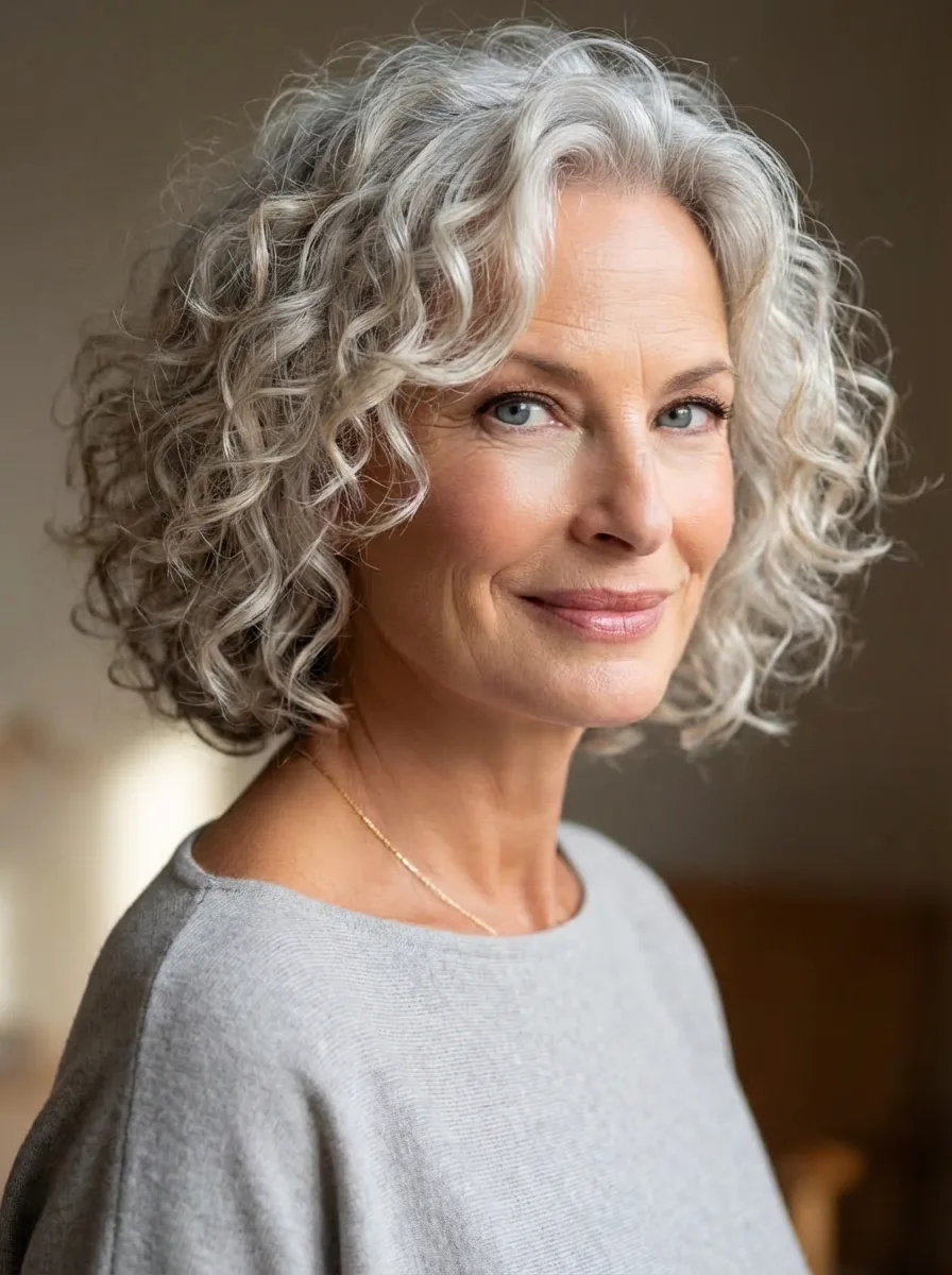Chin-Length Curly Bob with Natural Silver Frost