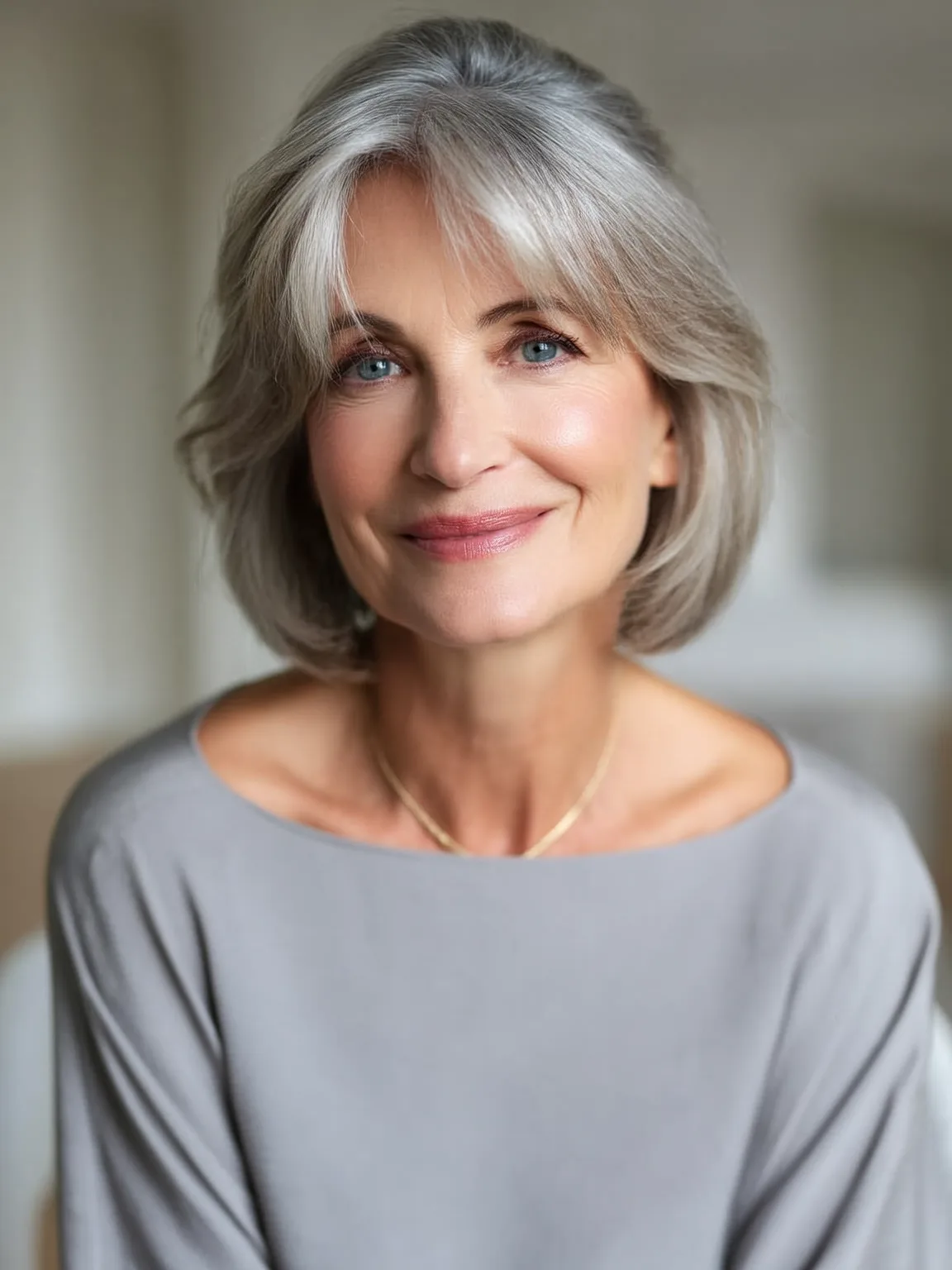 Chin-Length Feathered Bob in Silver Frost