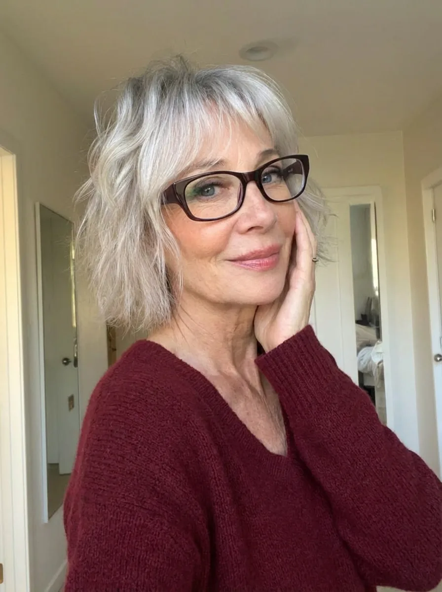 Wavy Silver Frost Shag with Wispy Bangs