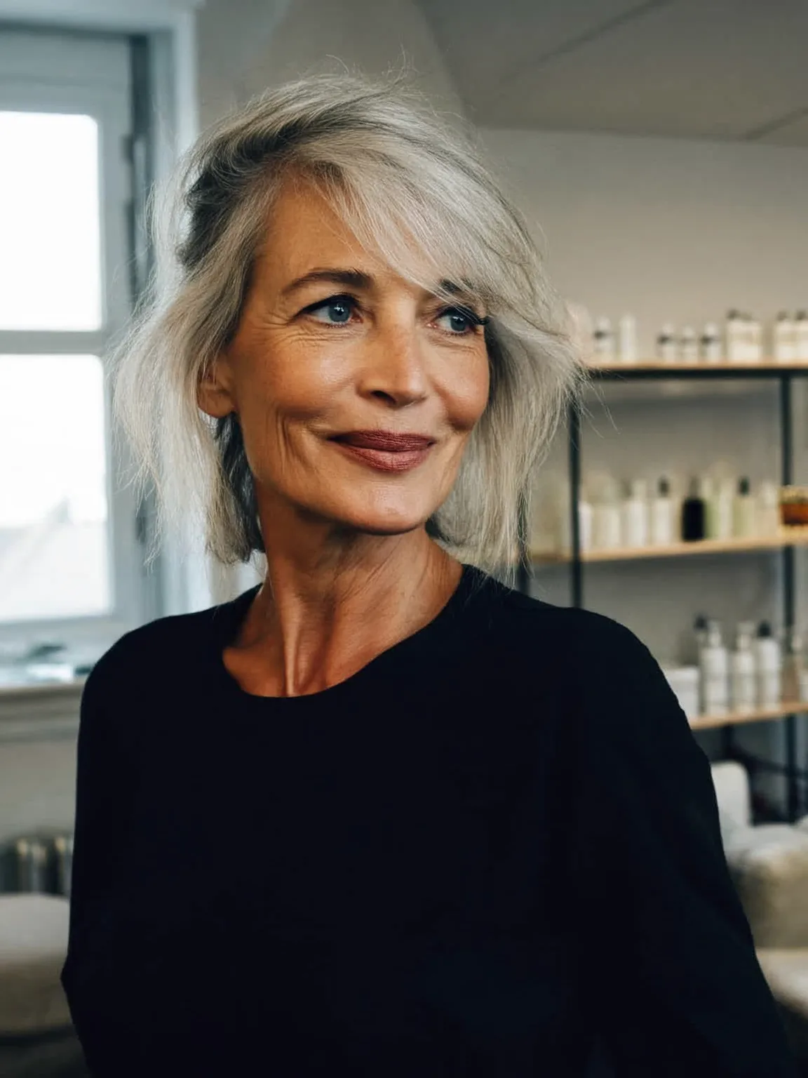 Wavy Silver Frost Bob with Side-Swept Bangs