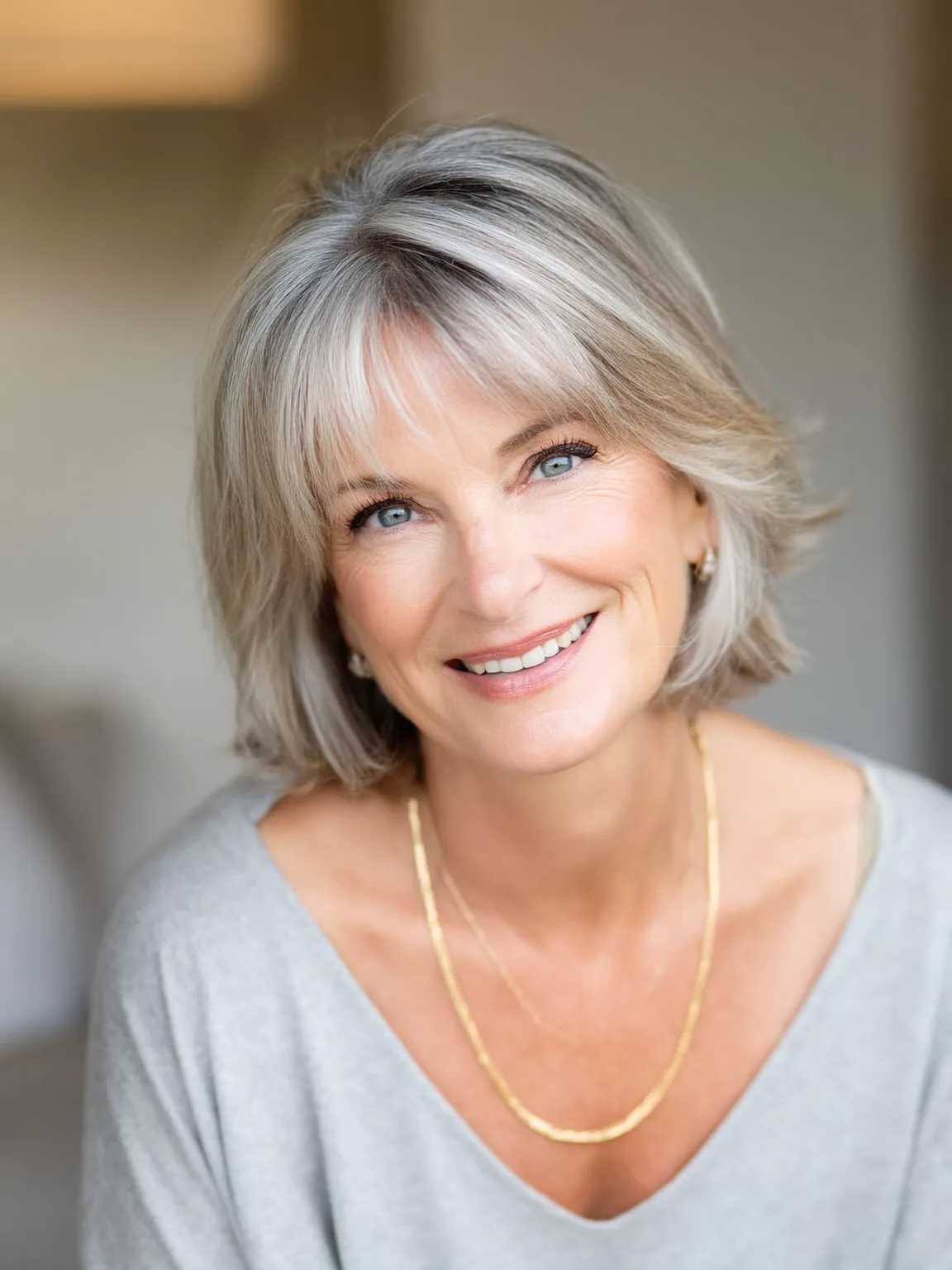 Straight Silver Frost Bob with Soft Curtain Bangs and Highlights