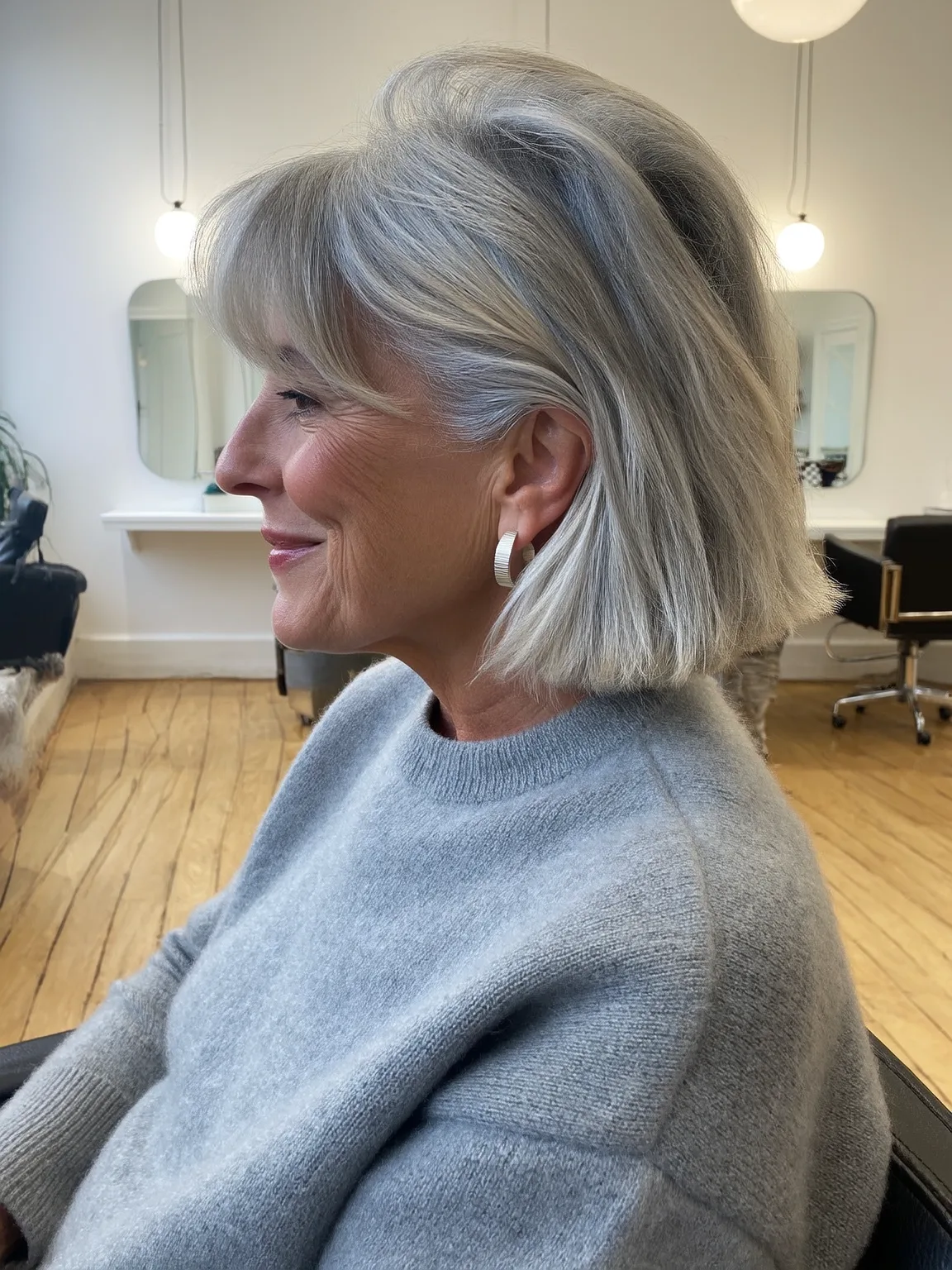 Silver Frost Bob with Side-Swept Bangs on Square Face