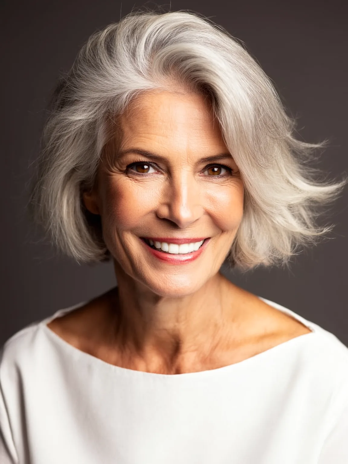 Wavy Silver Frost Bob with Side-Swept Bangs