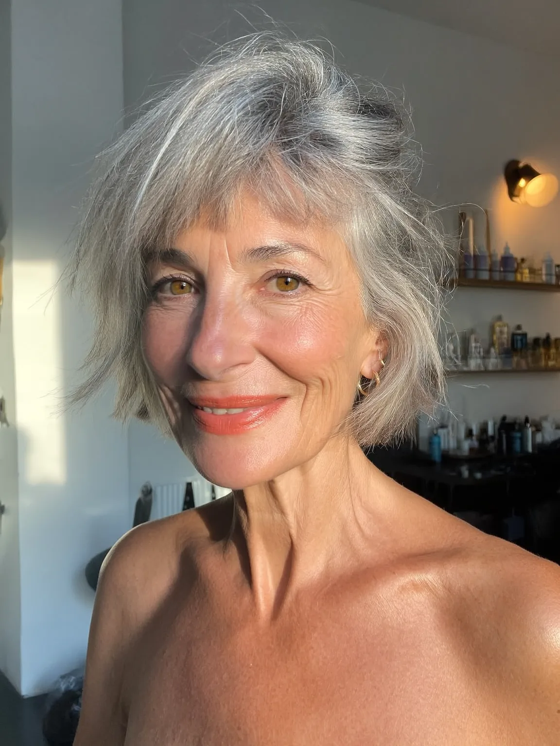 Blow-Dried Straight Silver Frost Bob with Wispy Bangs