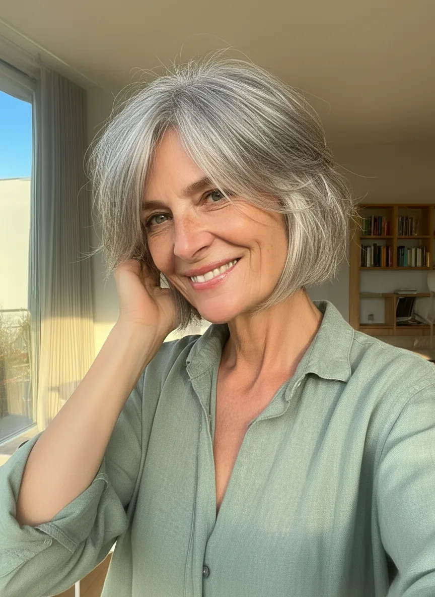 Medium-Volume Silver Frost Bob with Side-Swept Bangs