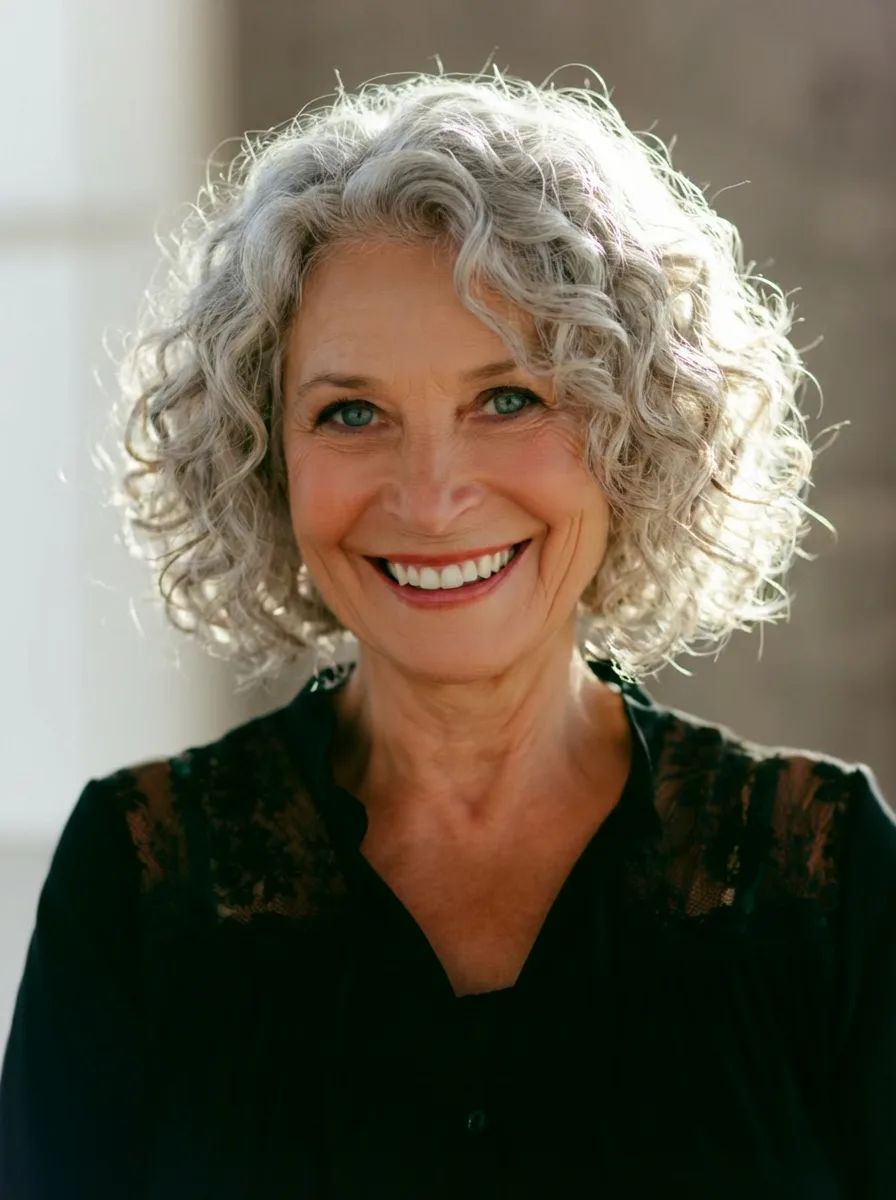 Chin-Length Voluminous Curly Bob with Silver Frost Tint