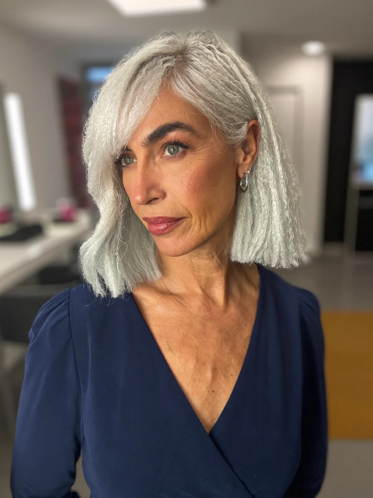 Silver Frost Textured Bob with Deep Side Part and Blunt Ends