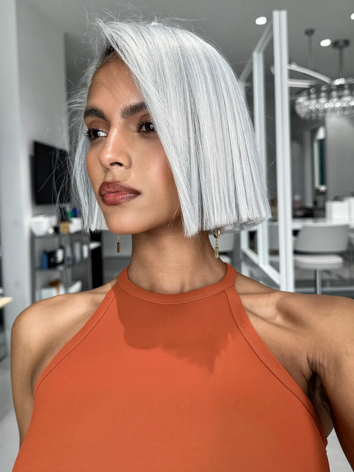 Sleek Silver Frost Precision Bob with Sharp Blunt Edges