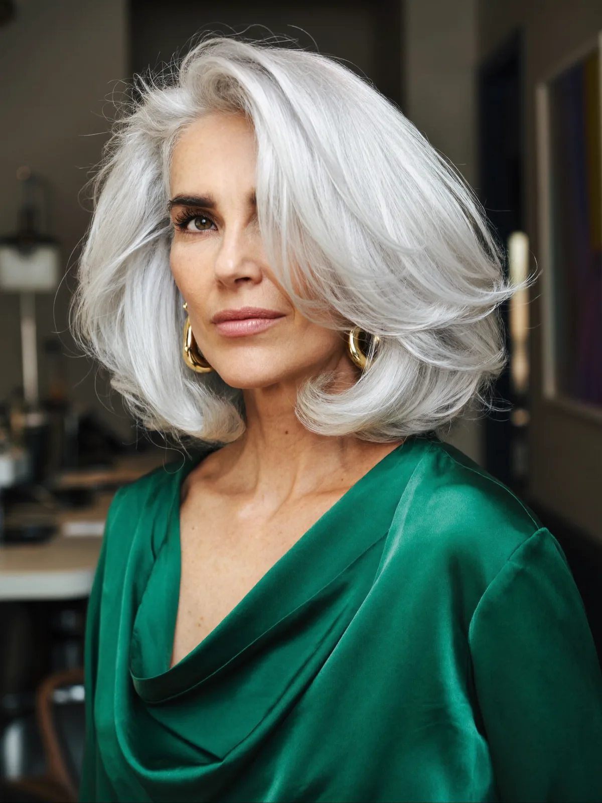 Silver Frost Voluminous Layered Bob with Face-Framing Sweep