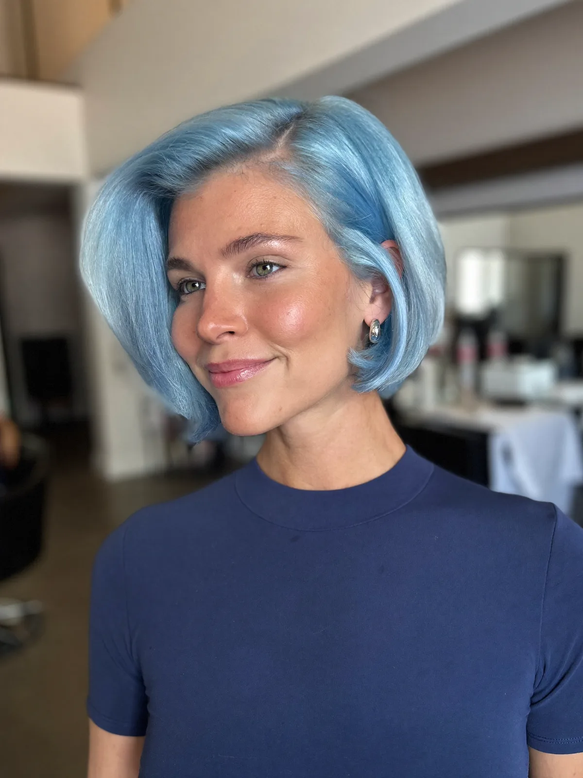 Steel Blue Silver Frost Sleek Volumized Side-Parted Bob Style