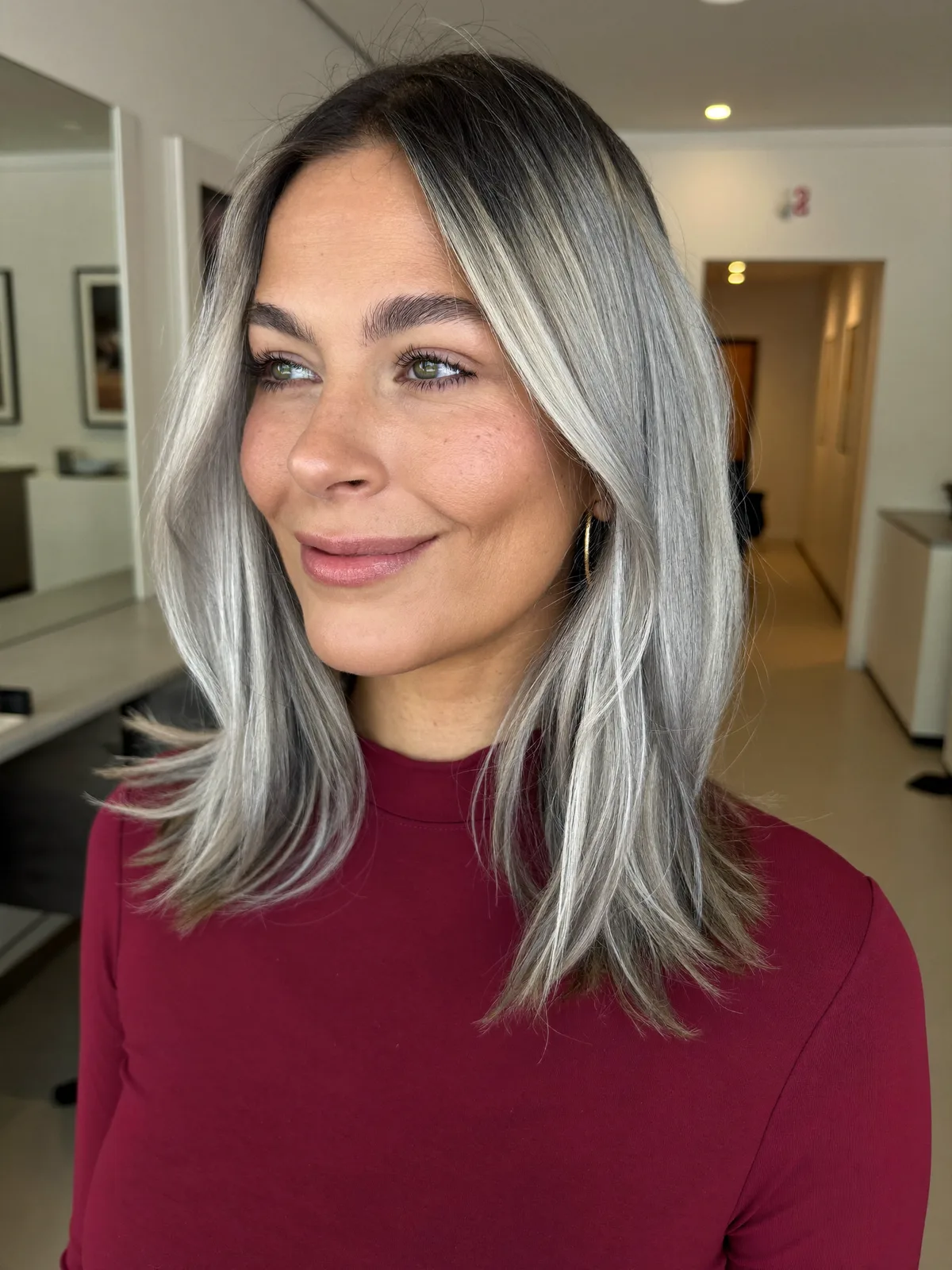 Silver Frost Sleek Long Bob with Face-Framing Layers
