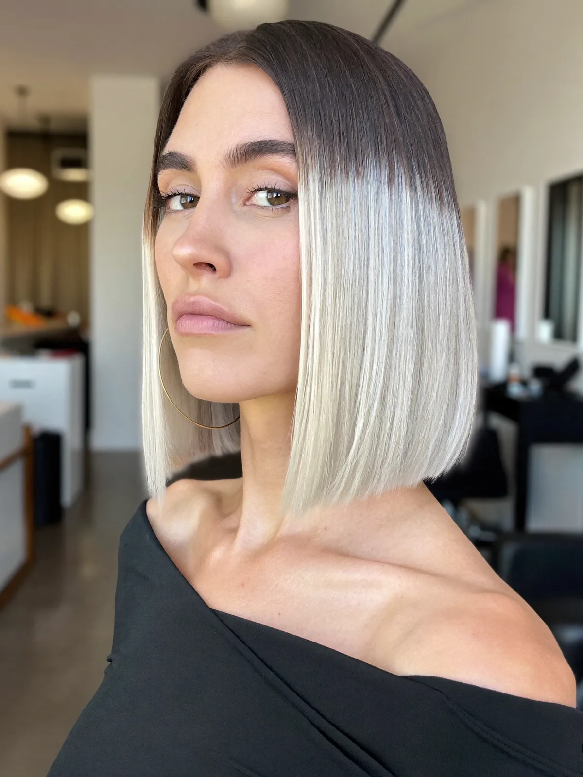 Silver Frost Blunt Bob with Root Shadow and Sleek Finish