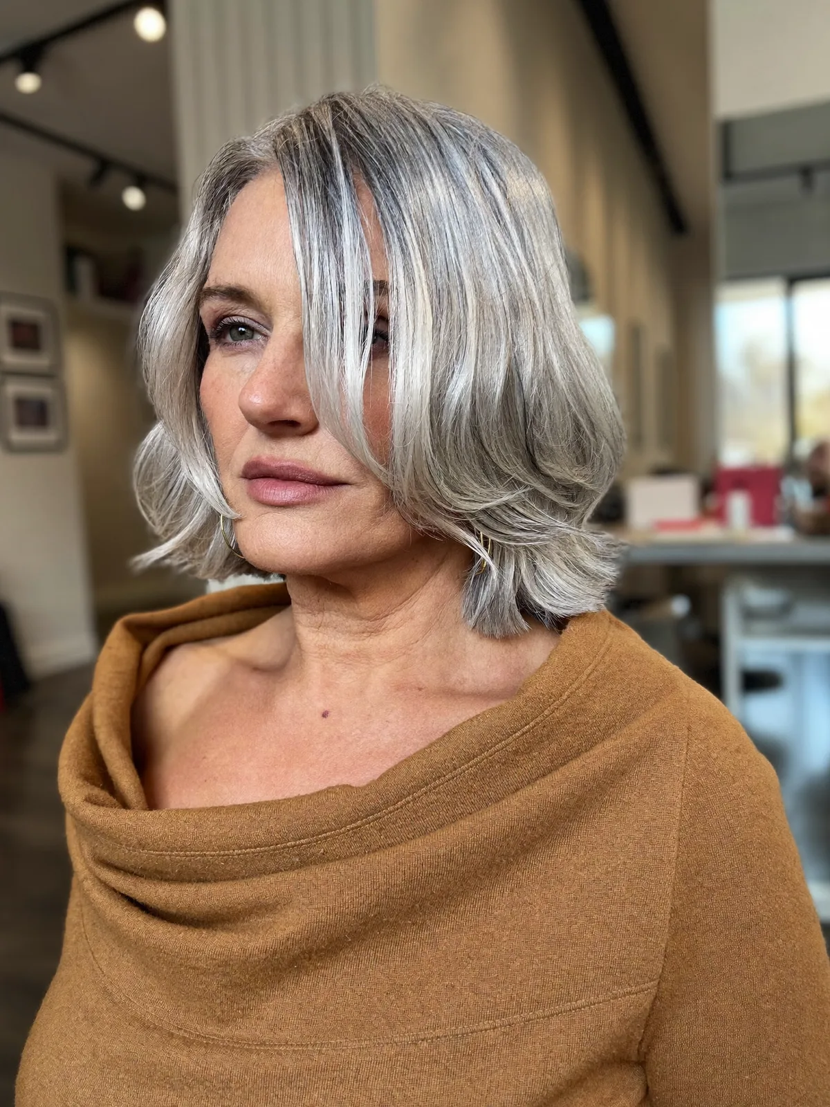 Silver Frost Layered Bob with Soft Face-Framing Waves