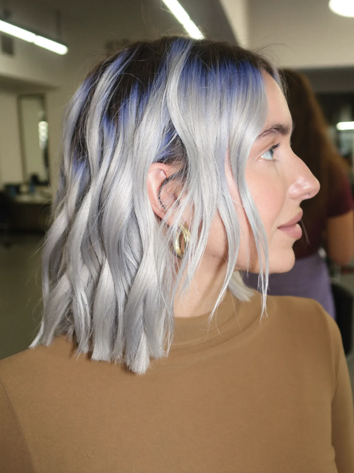 Silver Frost Wavy Lob with Dark Root Melt Effect
