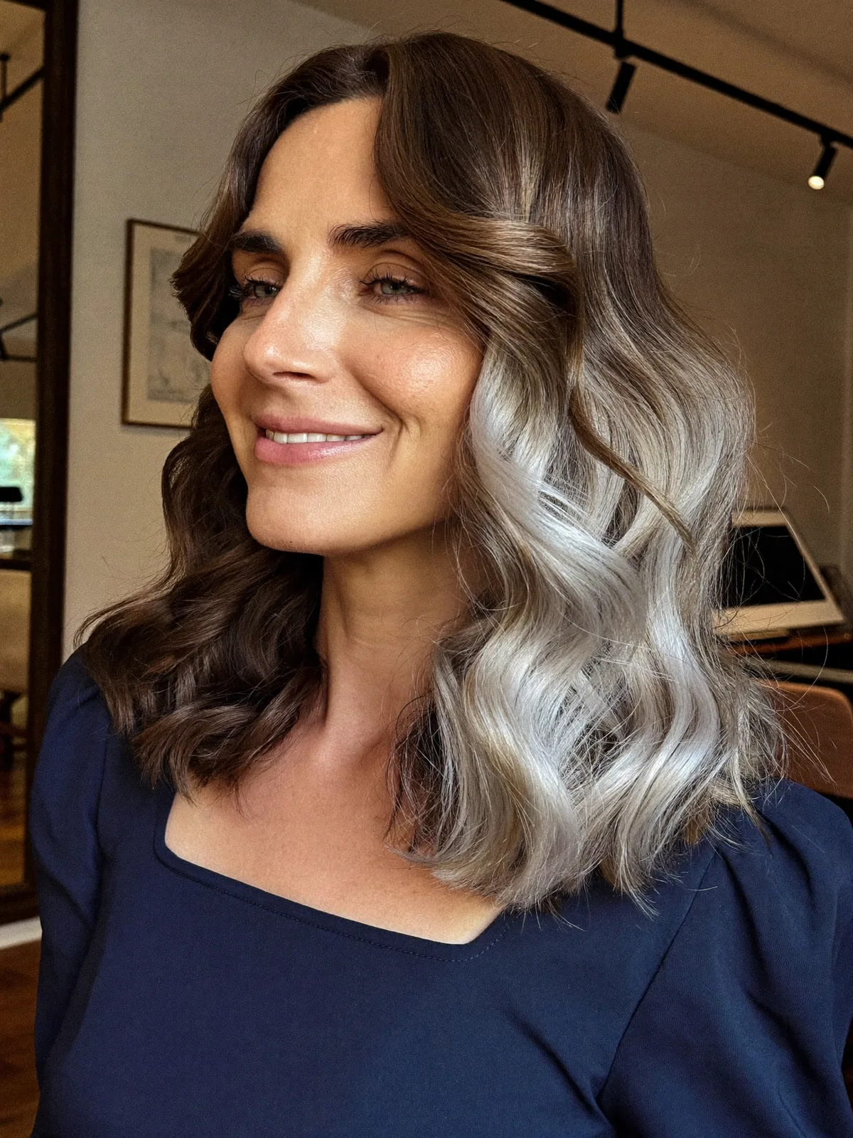 Silver Frost Balayage Waves on Medium-Length Layered Cut