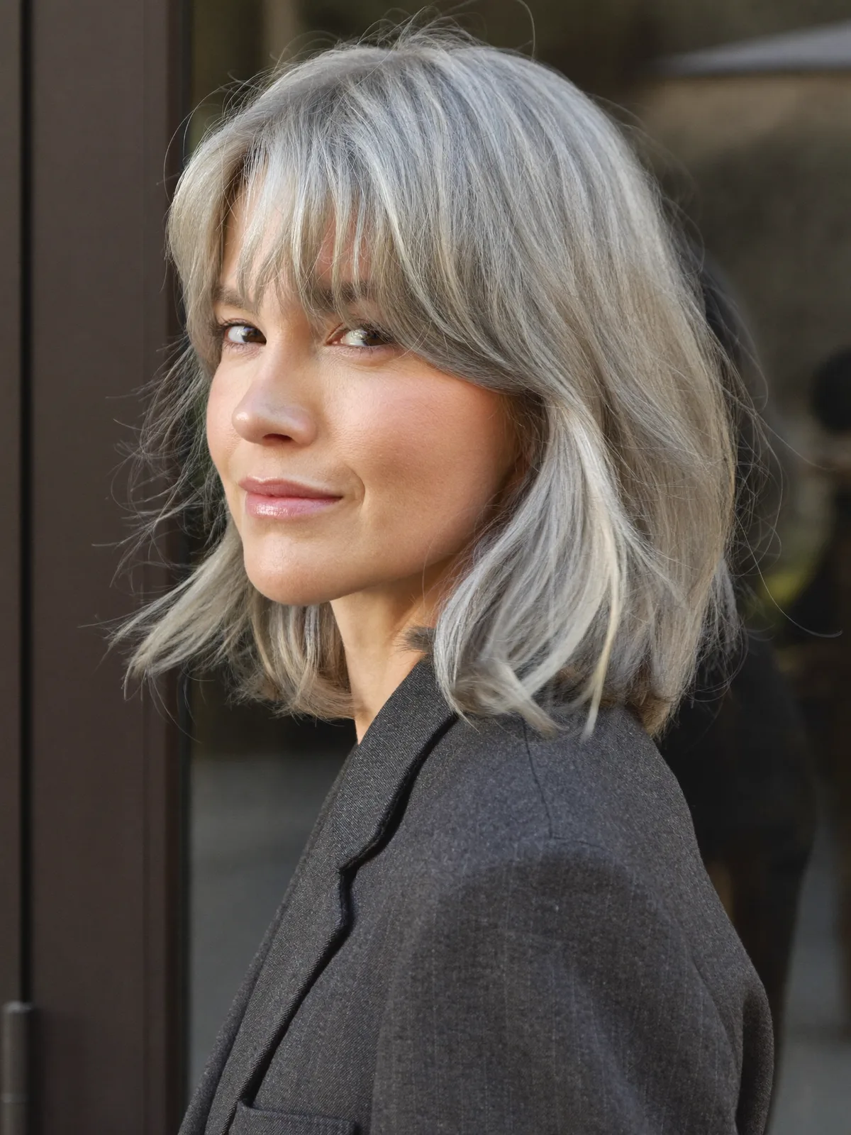Silver Frost Lob With Soft Natural Waves and Textured Bangs