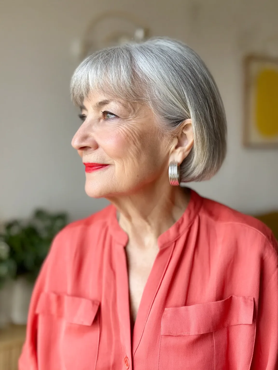 Chin-Length Straight Silver Frost Bob with Side-Swept Bangs