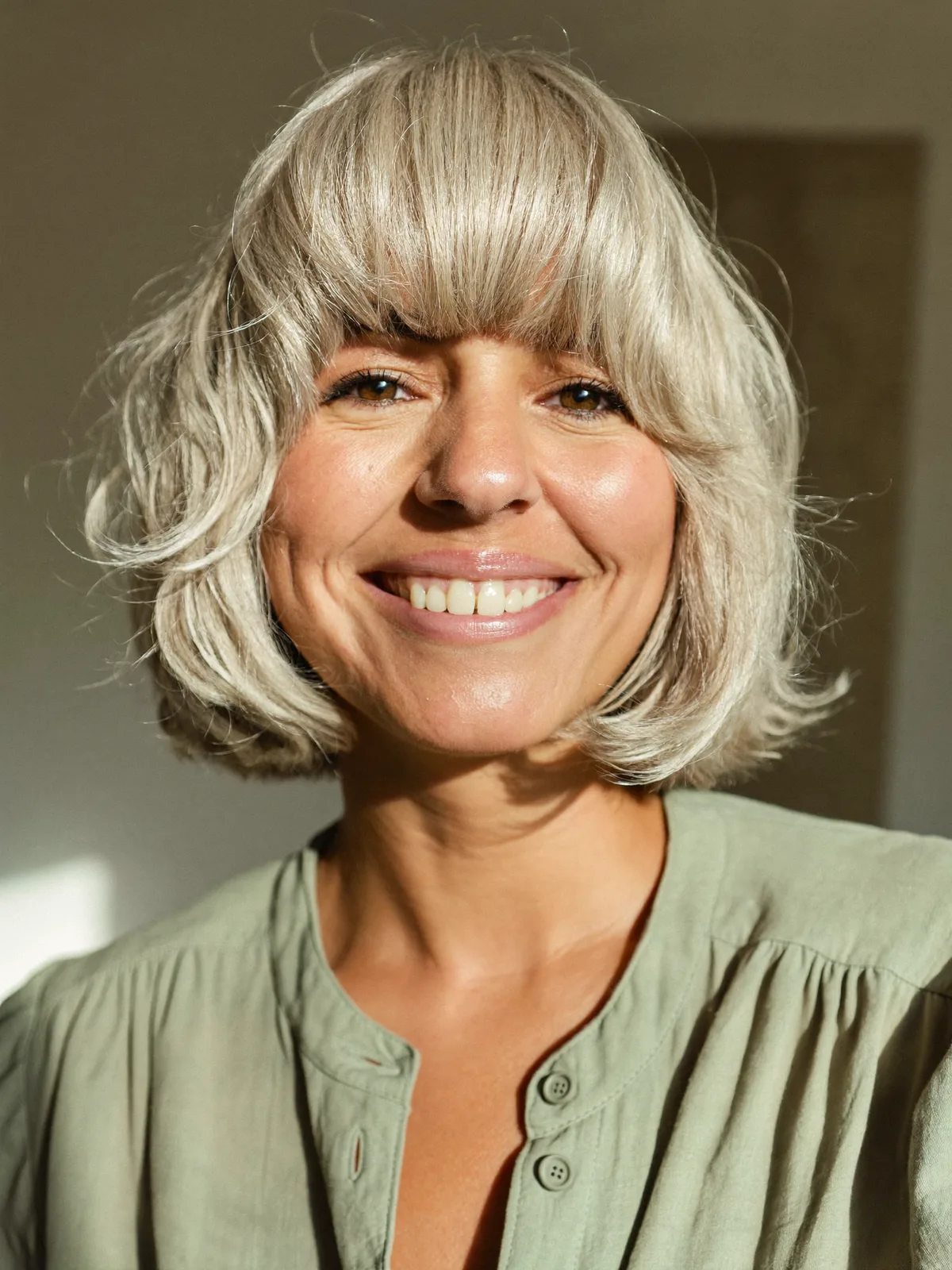 Silver Frost Bob with Soft Natural Waves and Full Fringe