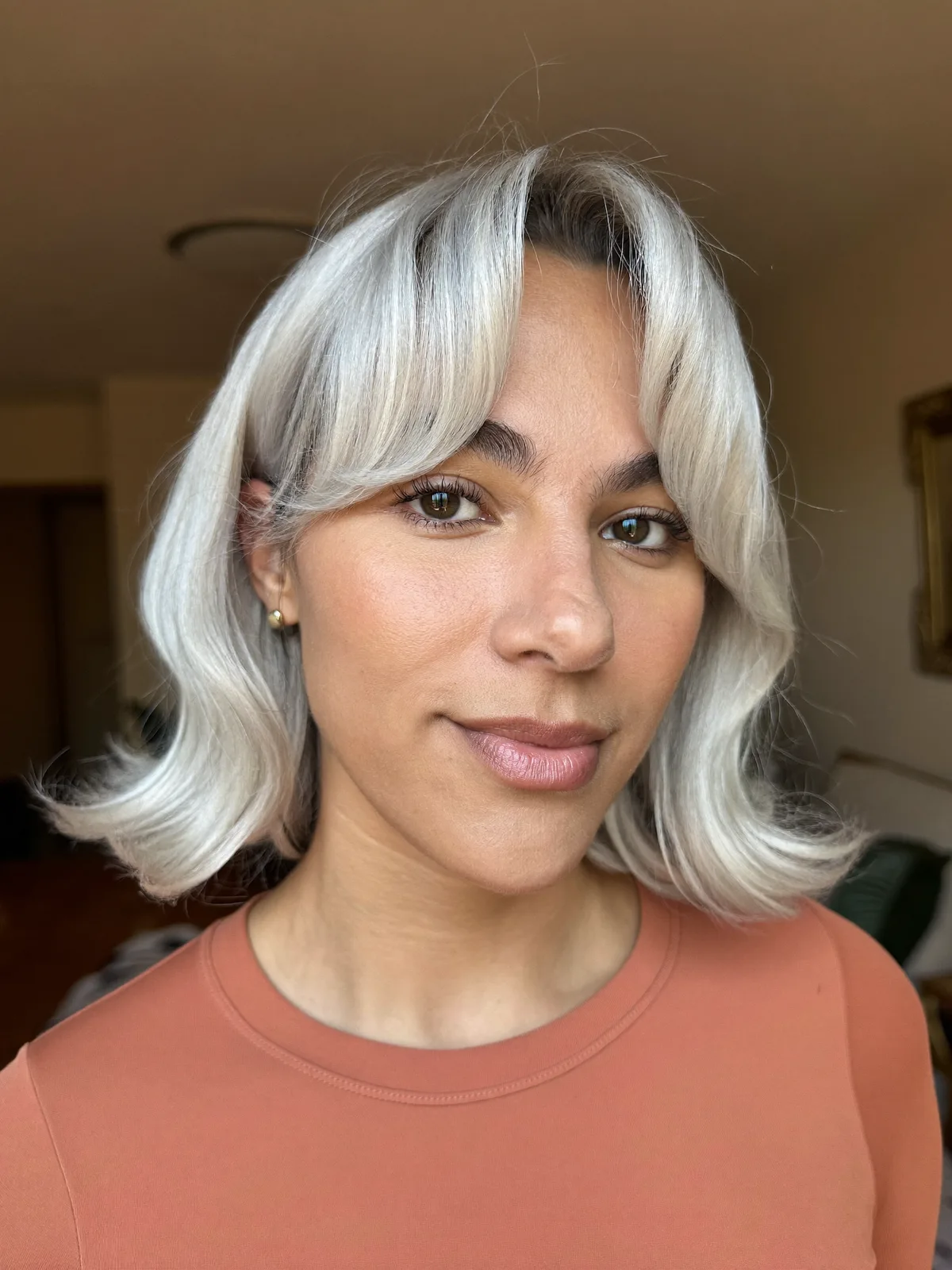 Silver Frost Classic Bob with Soft Curtain Bangs and Natural Waves