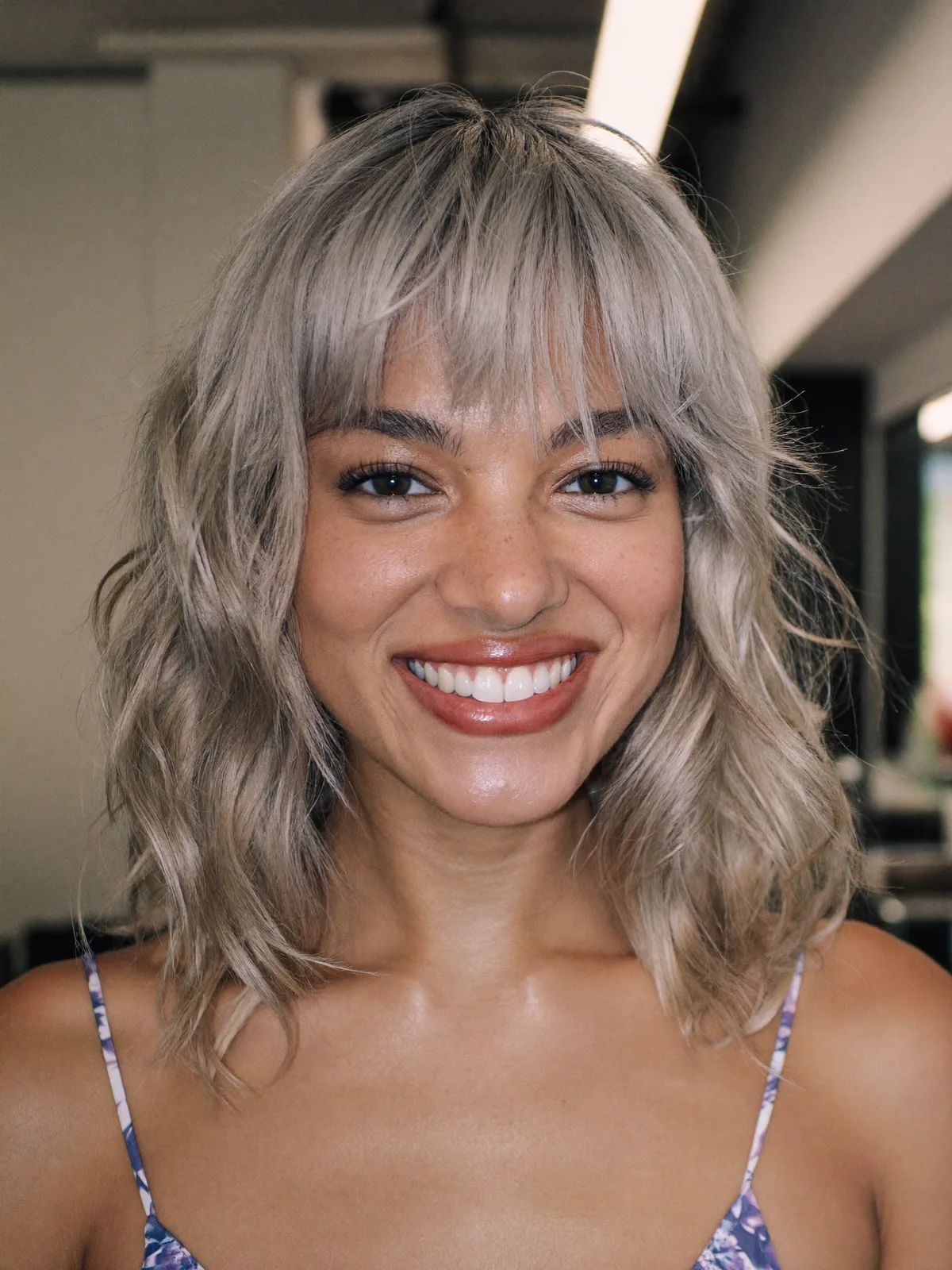 Silver Frost Lob with Curtain Bangs and Soft Natural Waves