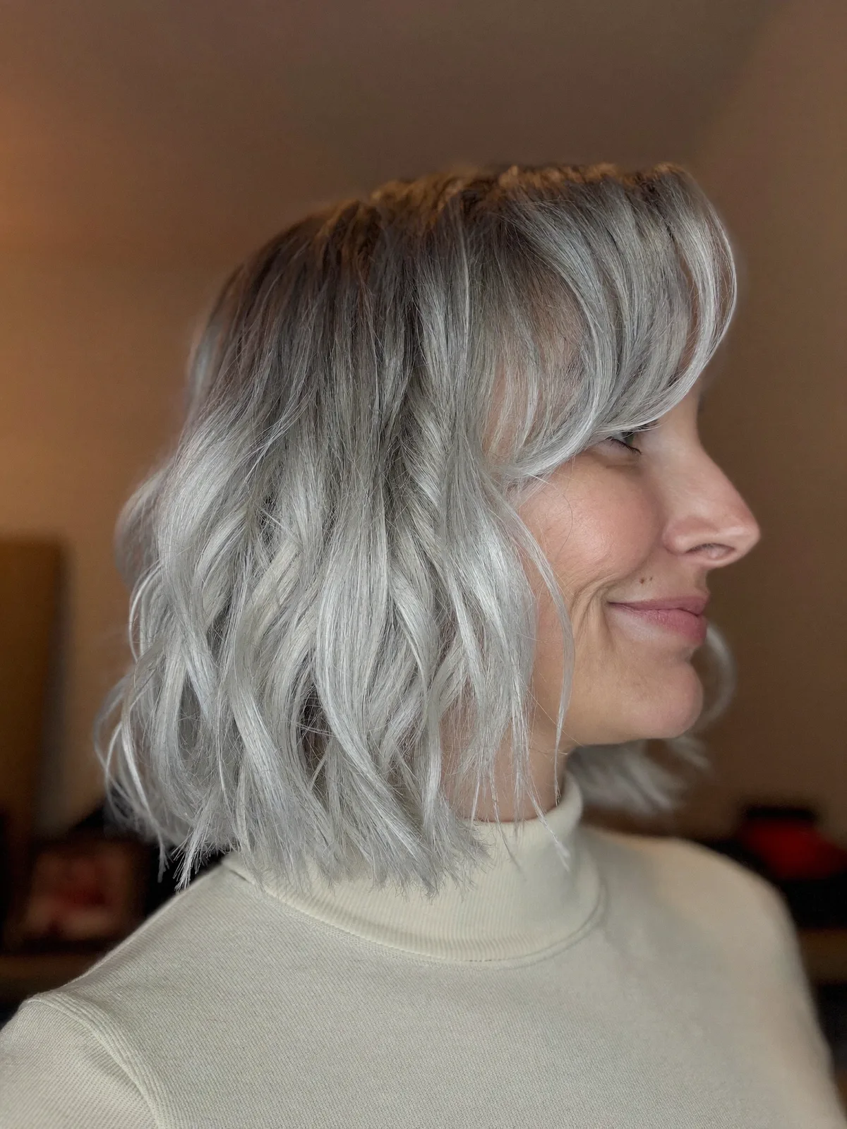 Silver Frost Textured Lob with Soft Face-Framing Bangs