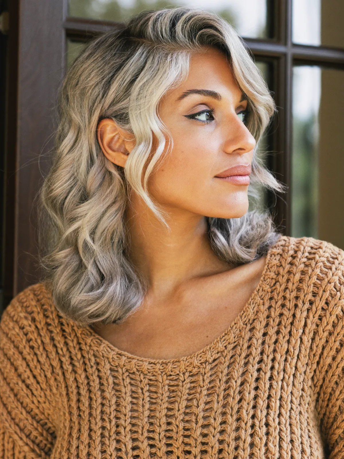 Silver Frost Soft Waves with Shoulder-Length Layers