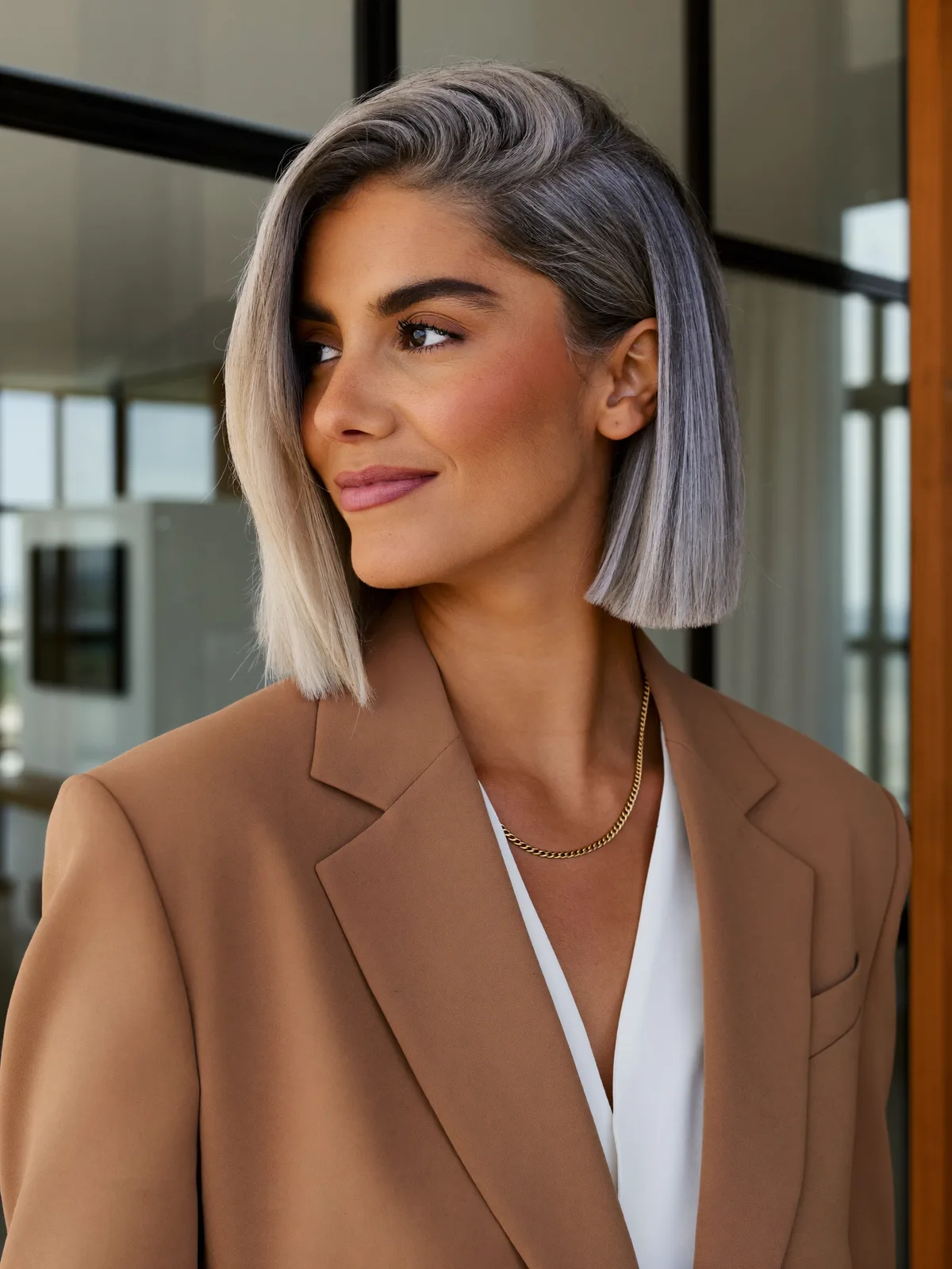 Chic Silver Frost Blunt Bob with Soft Side Part Accents