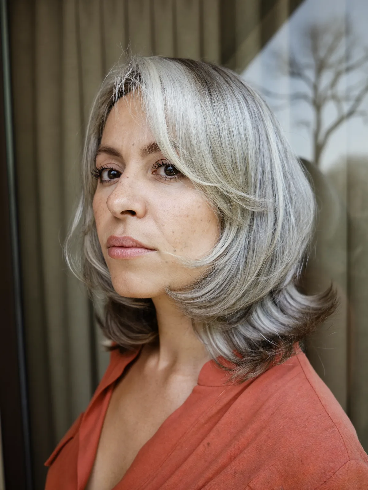 Silver Frost Lob with Soft Feathered Layers and Face-Framing Bangs