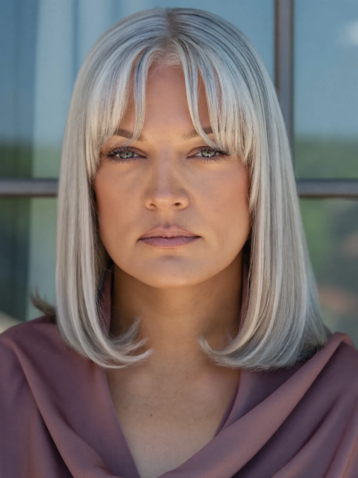 Silver Frost Lob with Soft Face-Framing Curtain Bangs