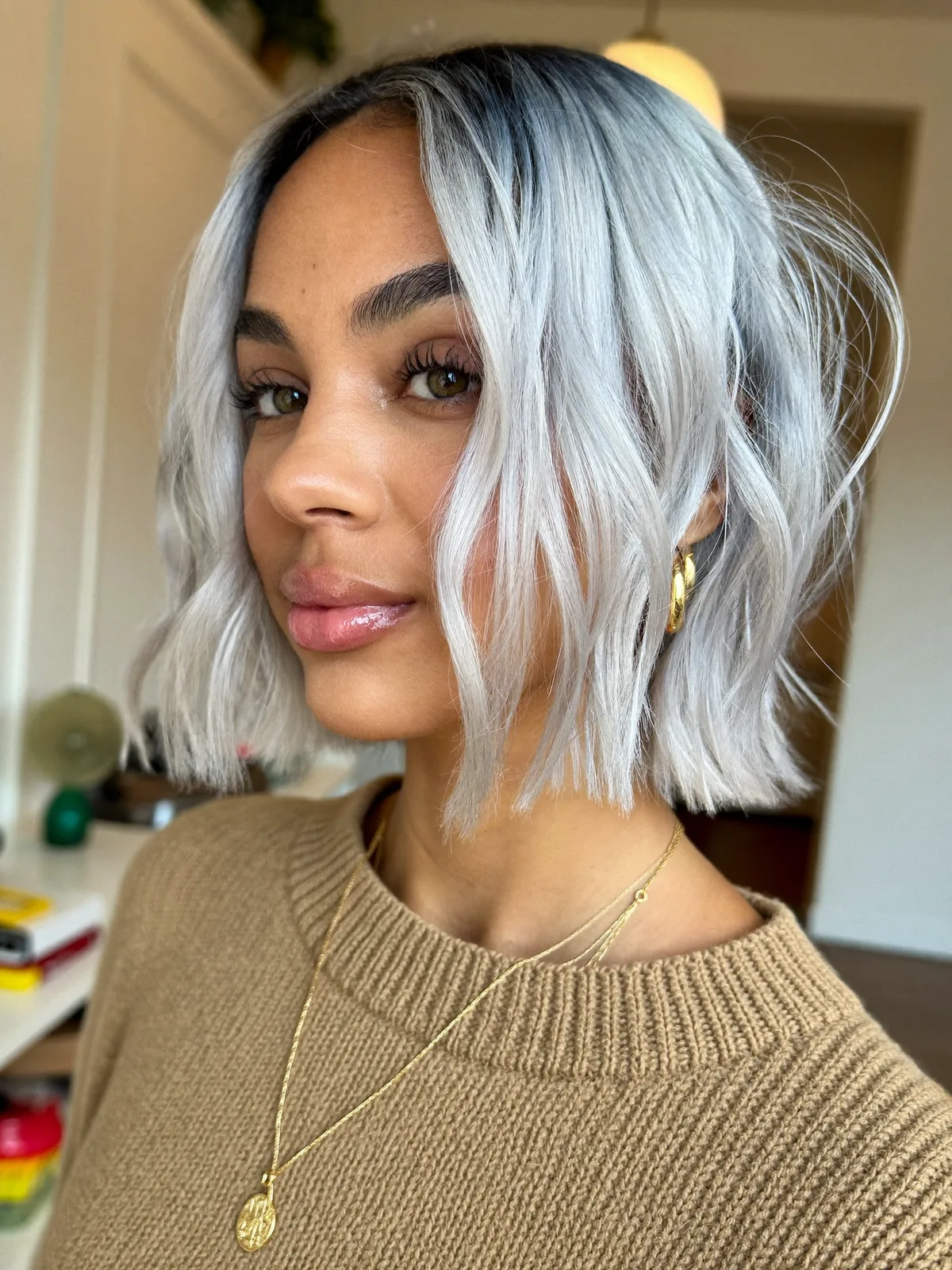 Silver Frost Bob with Textured Soft Waves and Face-Framing Layers