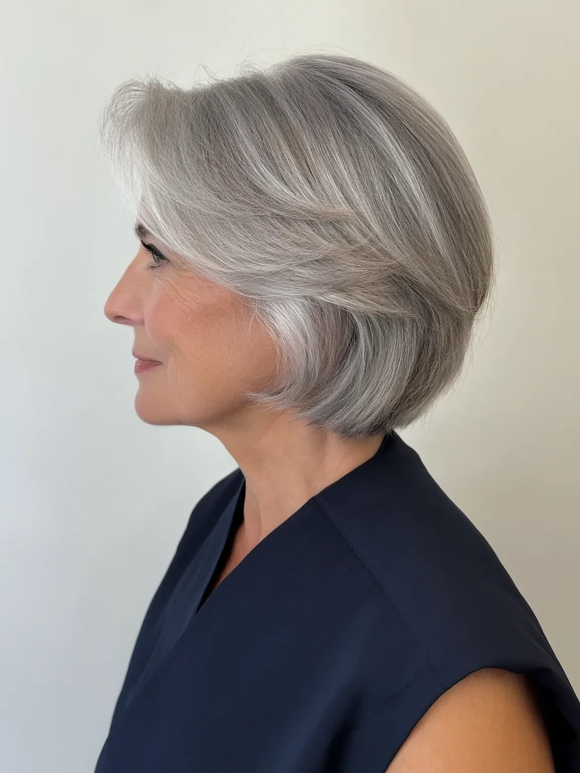 Voluminous Side-Swept Bangs Silver Frost Chin-Length Bob