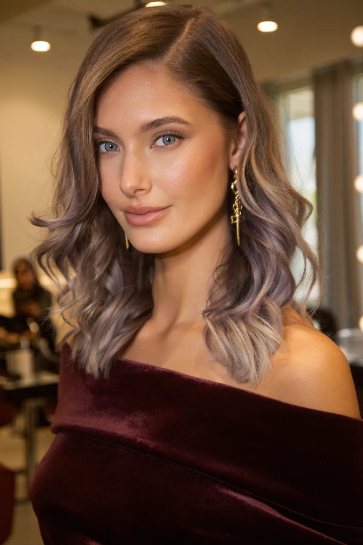 Lavender Silver Balayage with Soft Shoulder-Length Waves