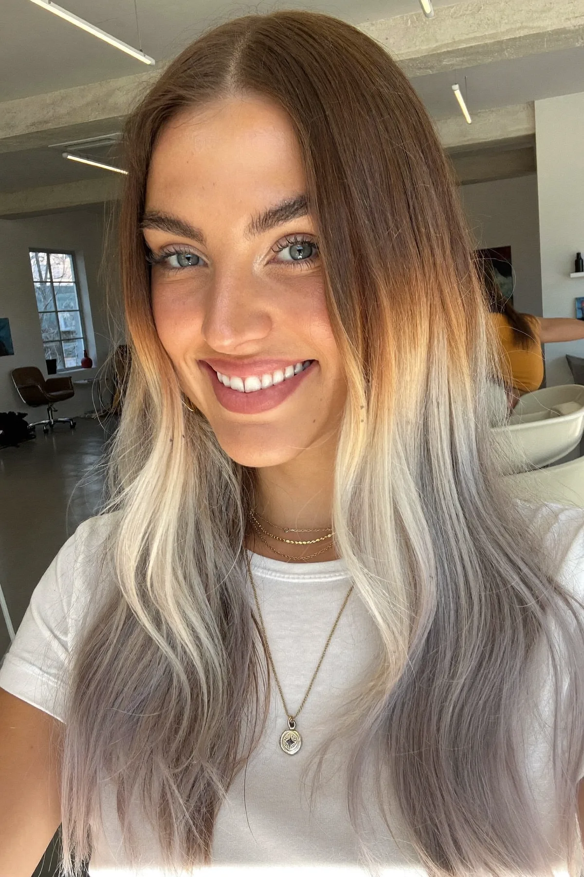 Silver Frost Balayage with Soft Natural Waves for Long Hair