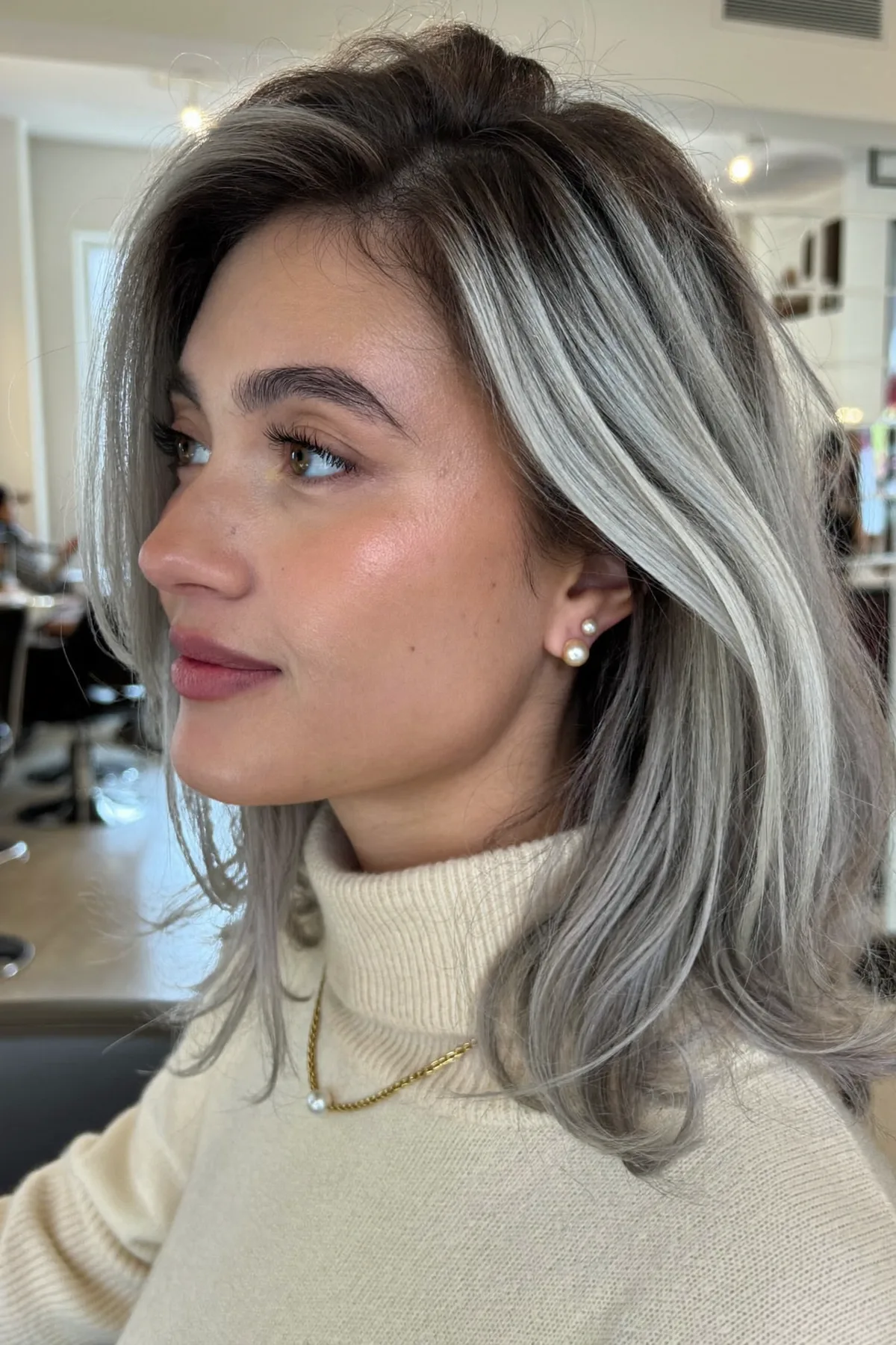 Silver Frost with Natural Waves and Soft Layered Lob