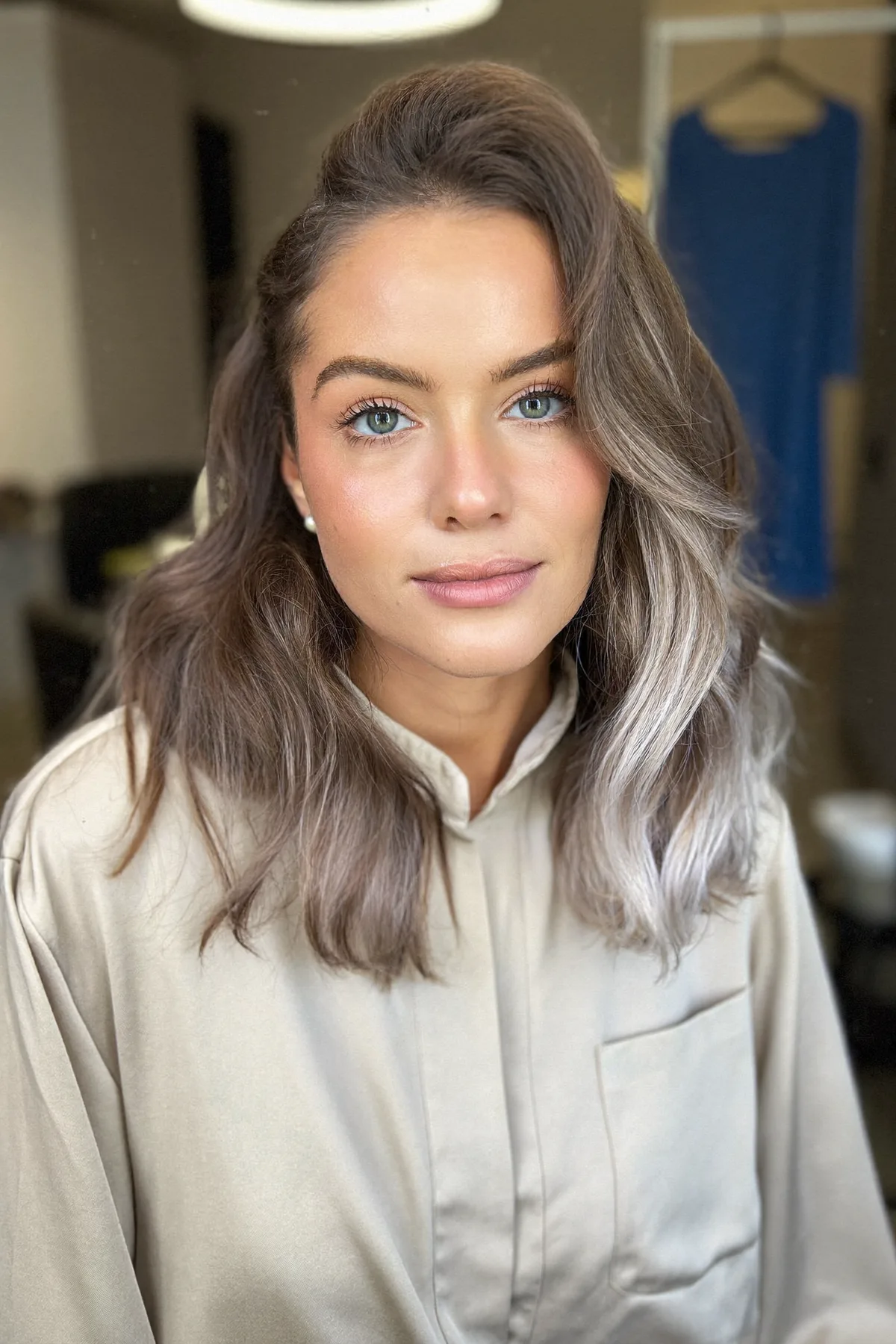 Silver Frost Balayage with Soft Natural Waves and Volume